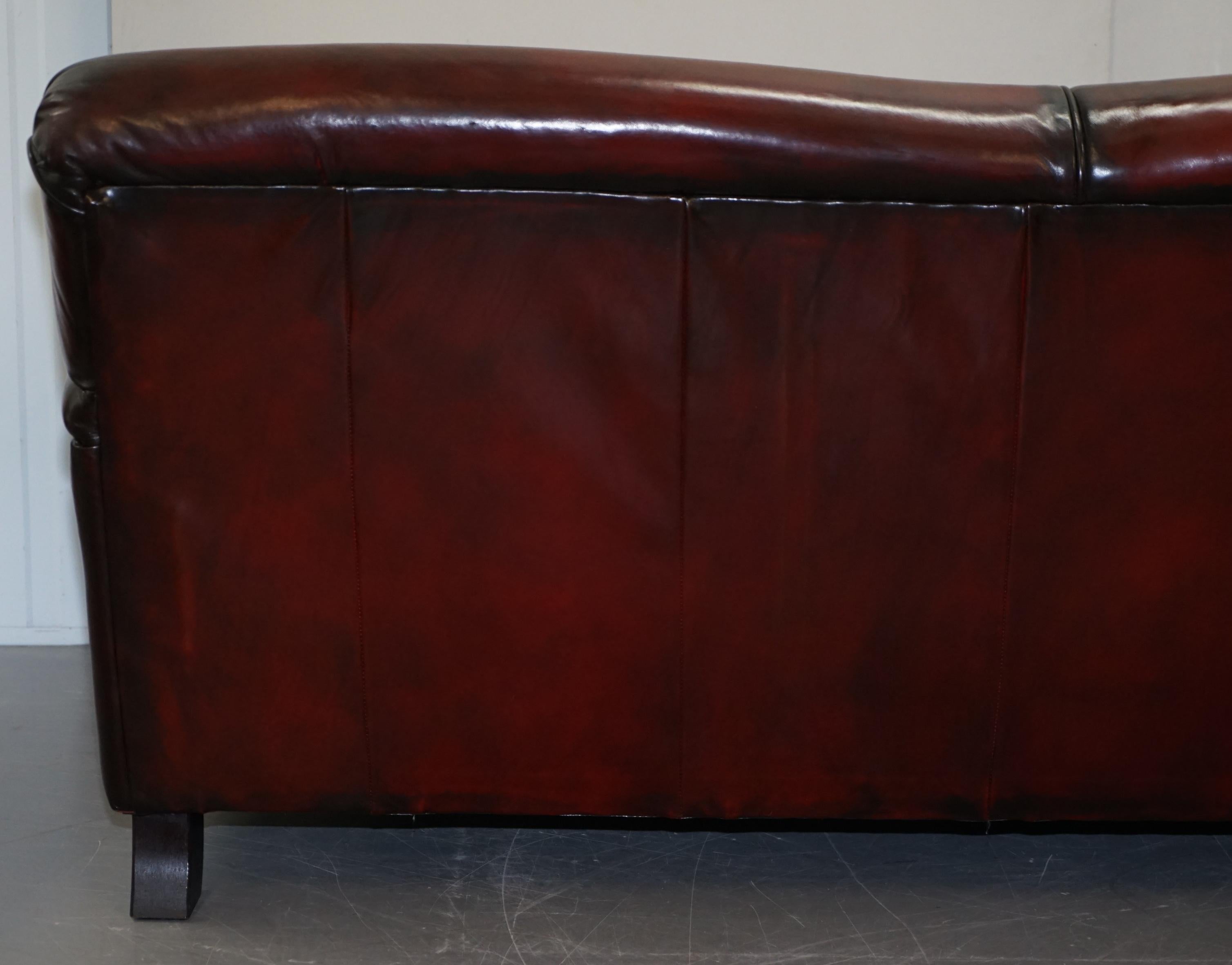 Hand Dyed Restored Bordeaux Reddish Brown Leather Howard & Son's Style Sofa For Sale 10