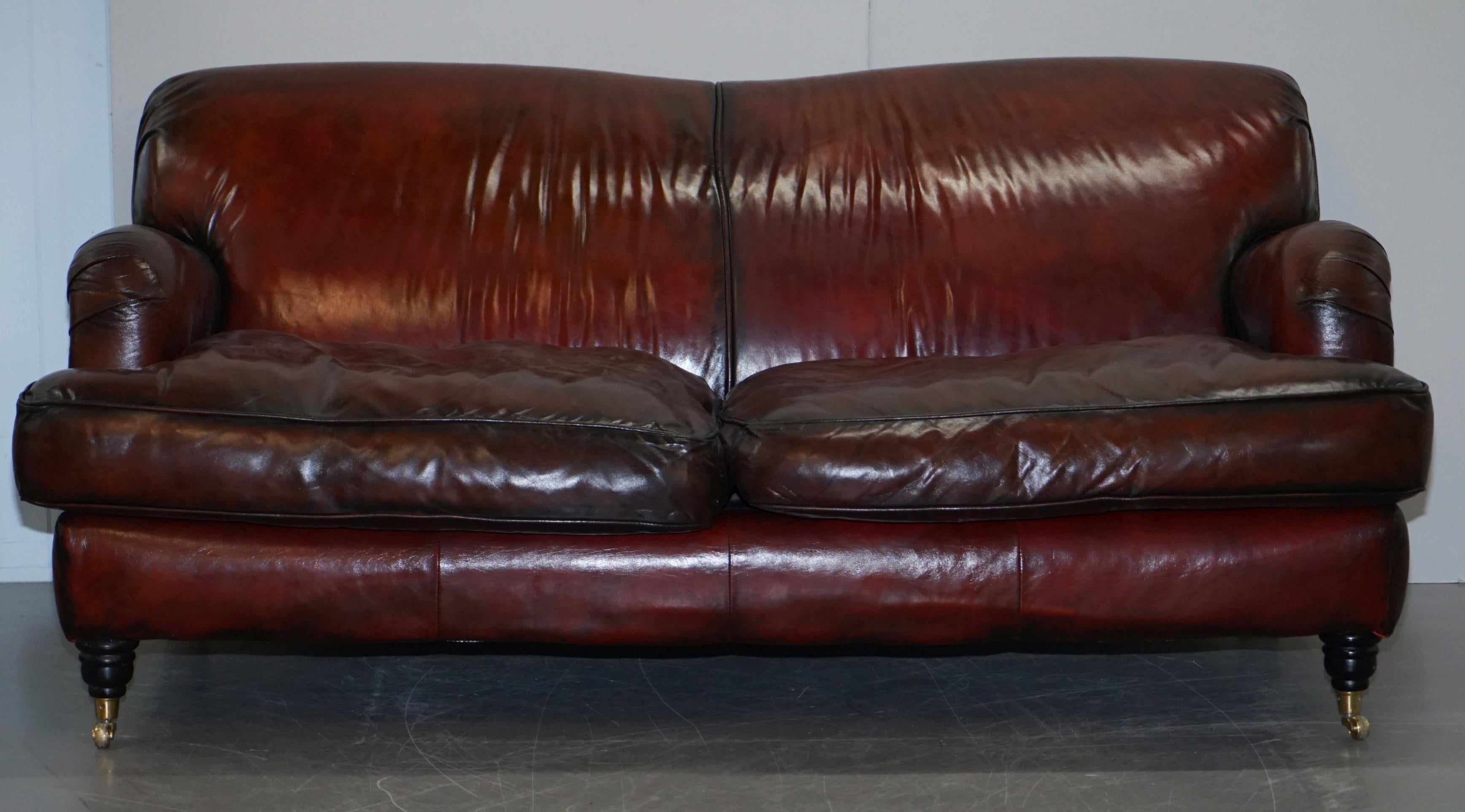 We are delighted to offer for sale this nicely restored Bordeaux brown leather three seat sofa

A good looking and decorative sofa, the leather has been refurbished, it has a lovely Victorian Gentleman’s club look and feel to it, the cushions are