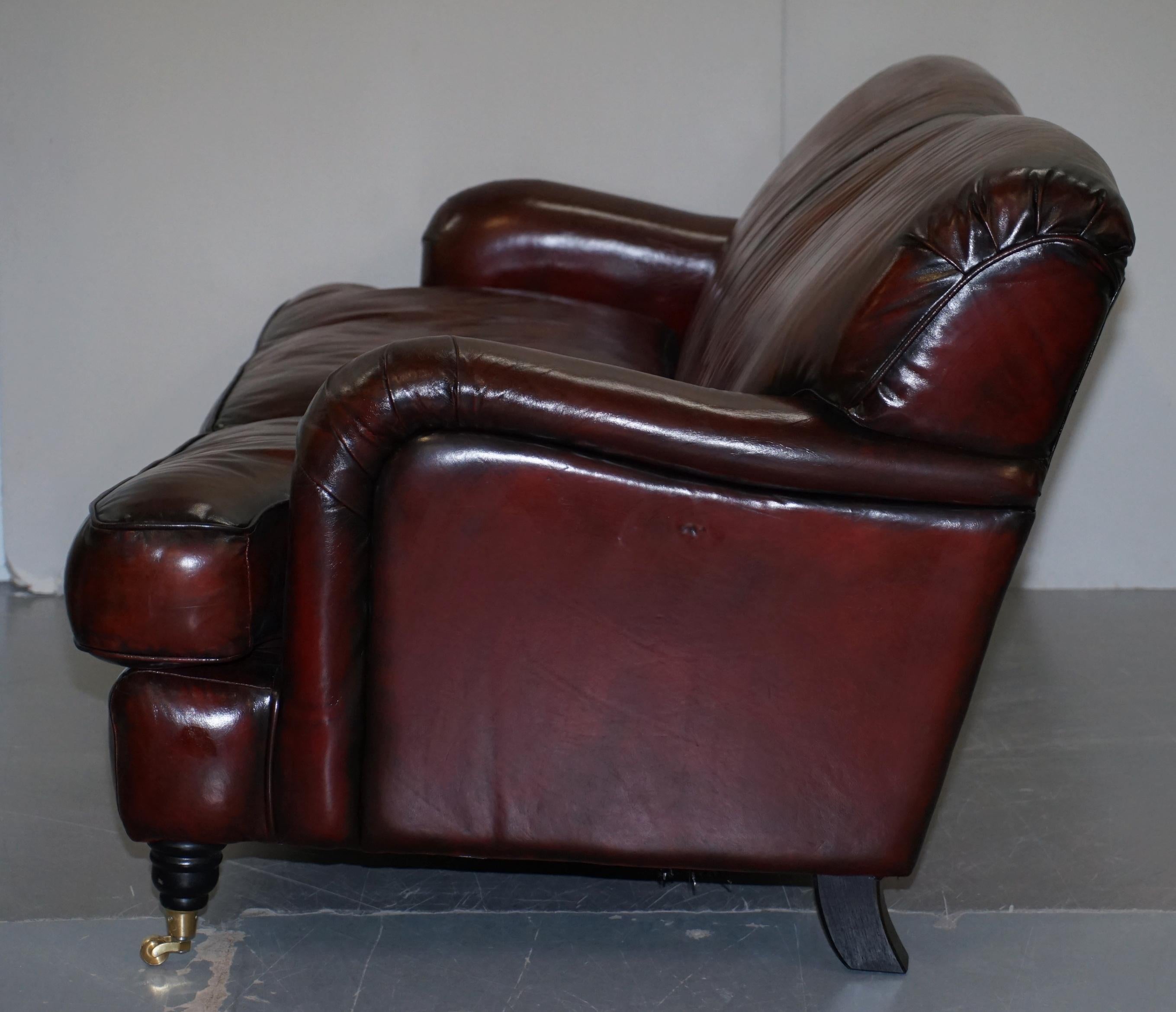 Hand Dyed Restored Bordeaux Reddish Brown Leather Howard & Son's Style Sofa For Sale 11
