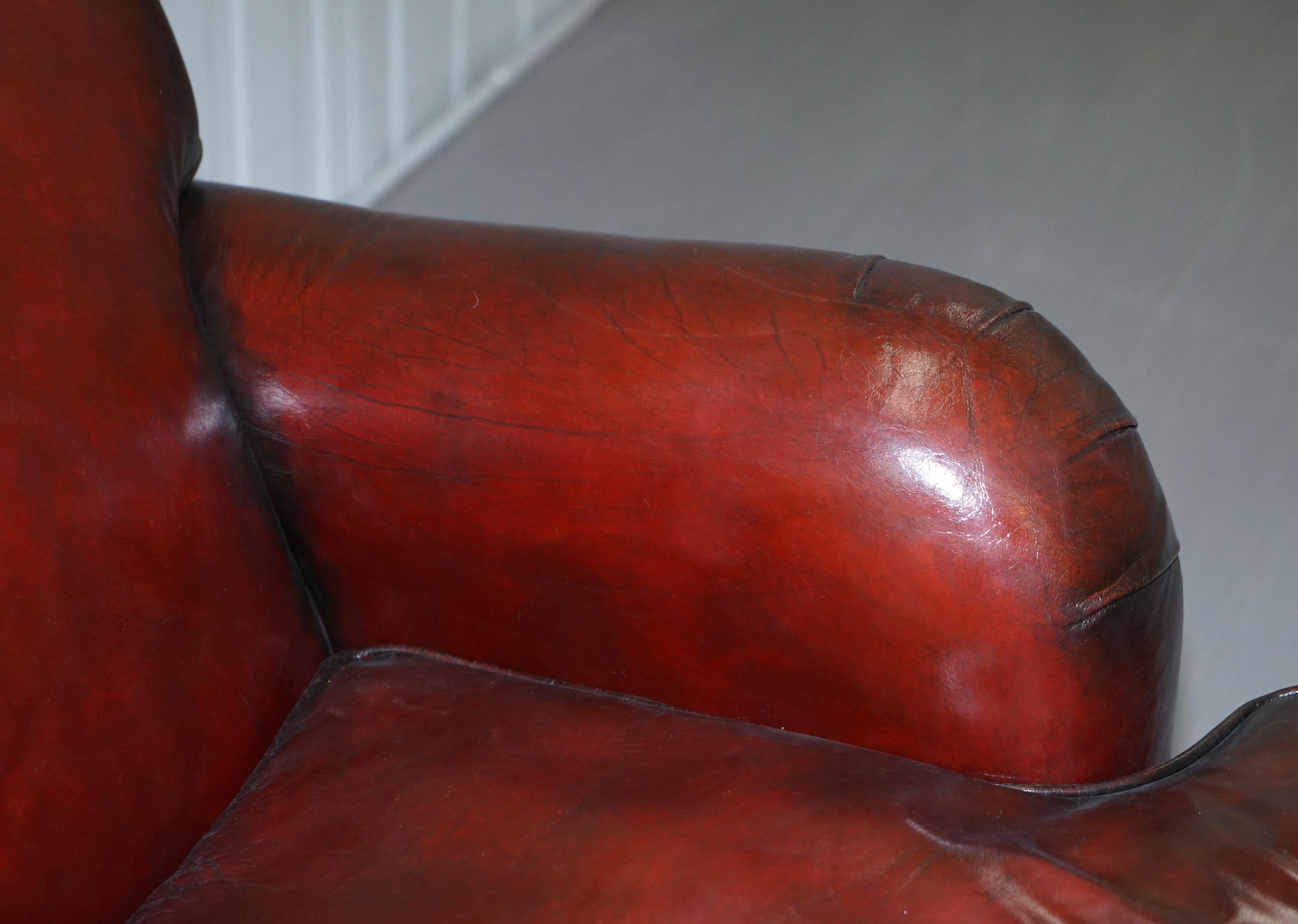 Hand-Crafted Hand Dyed Restored Bordeaux Reddish Brown Leather Howard & Son's Style Sofa For Sale