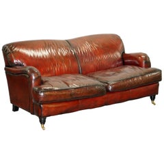 Hand Dyed Restored Bordeaux Reddish Brown Leather Howard & Son's Style Sofa