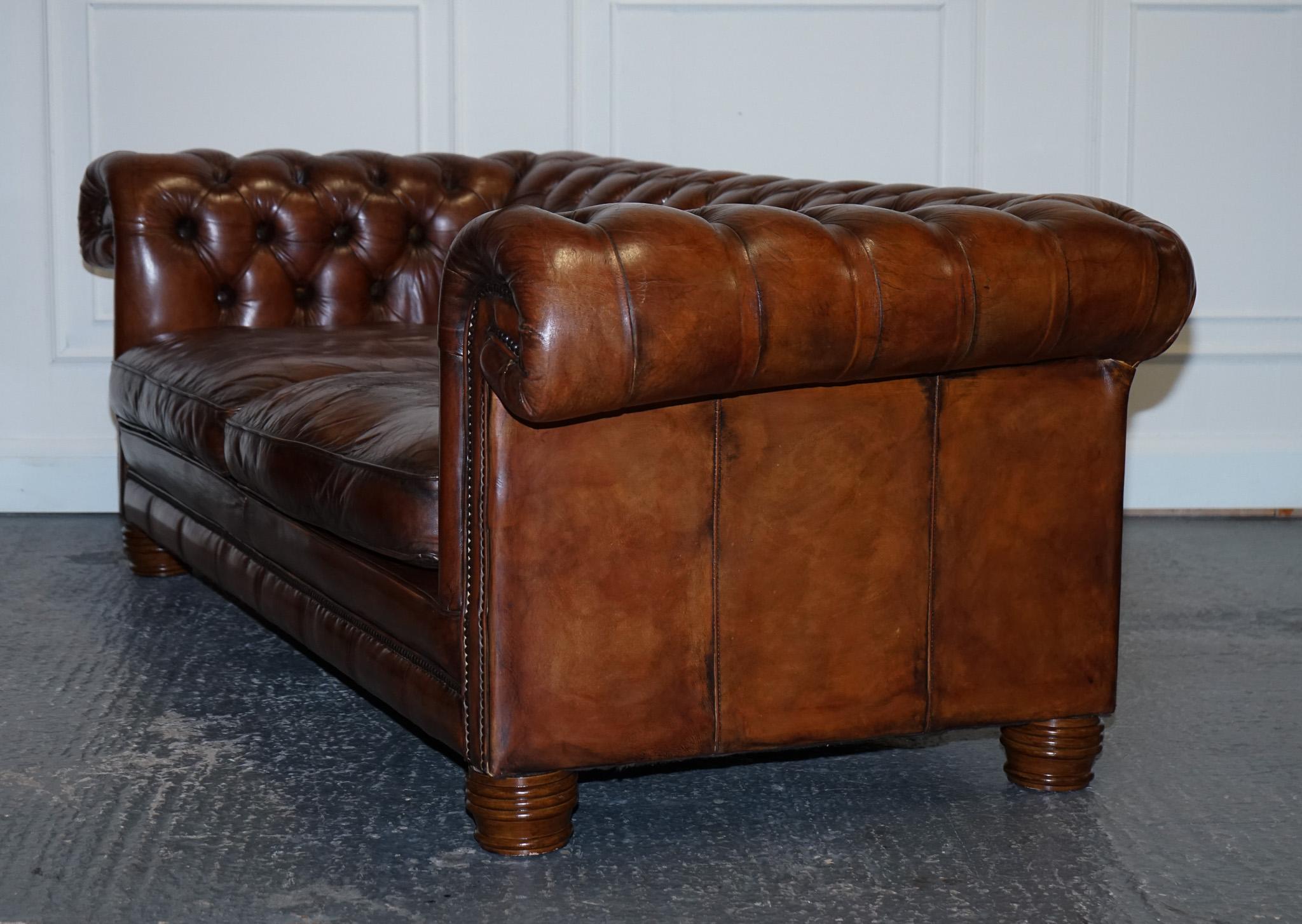 Hand Dyed Restored Whiskey Brown Leather Chesterfield Club Sofa English For Sale 4