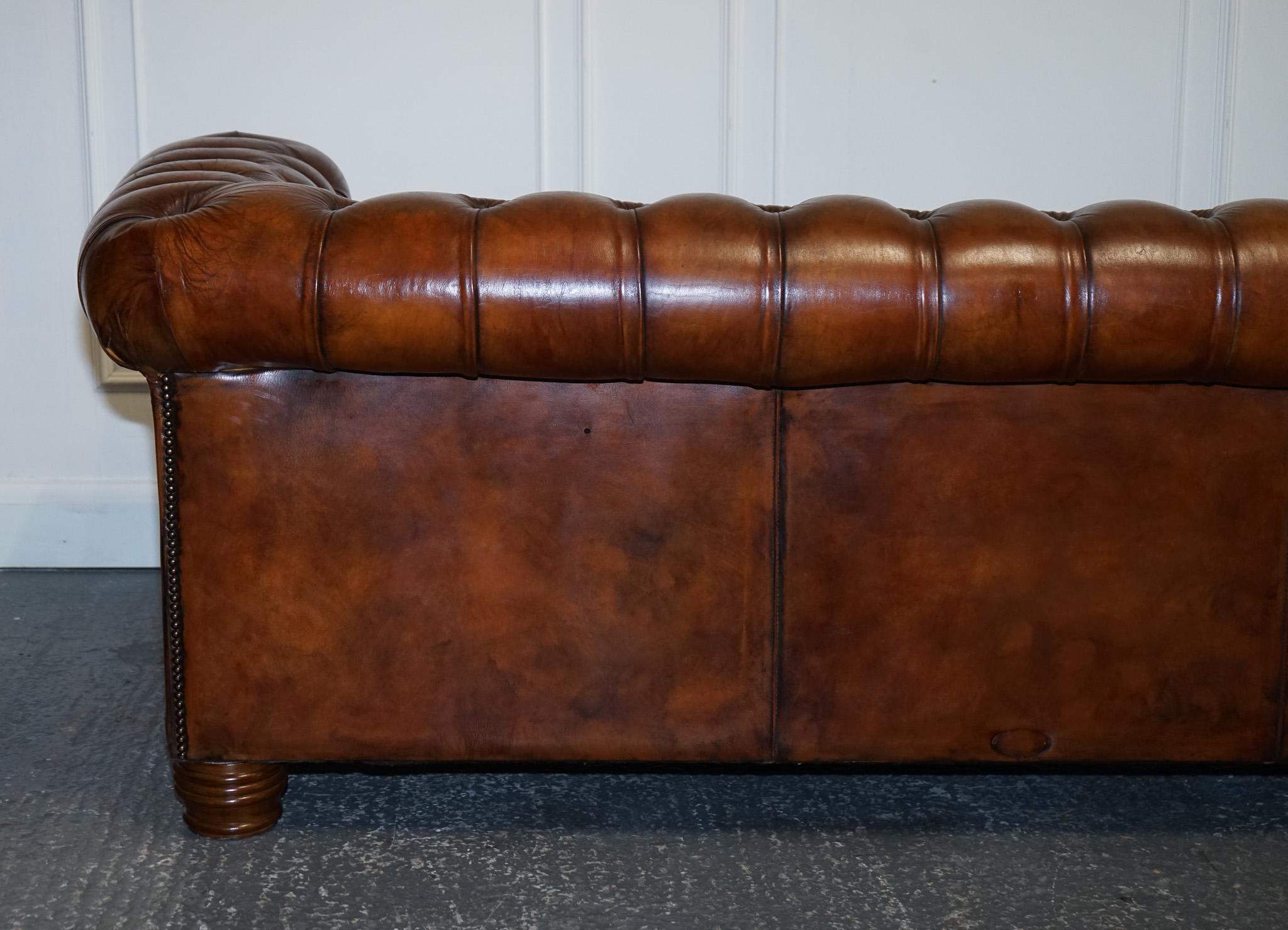 Hand Dyed Restored Whiskey Brown Leather Chesterfield Club Sofa English 6