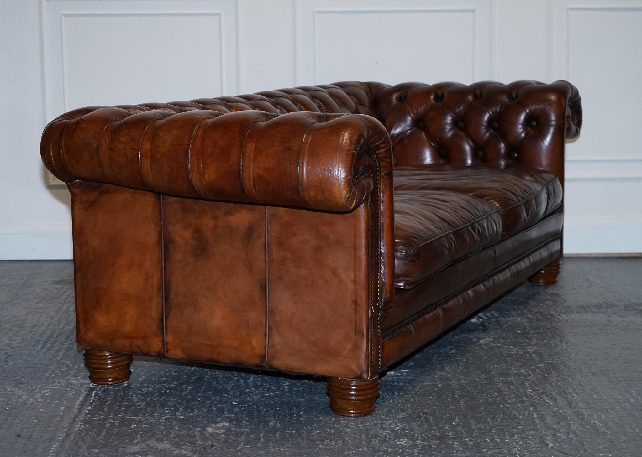 Hand Dyed Restored Whiskey Brown Leather Chesterfield Club Sofa English For Sale 8