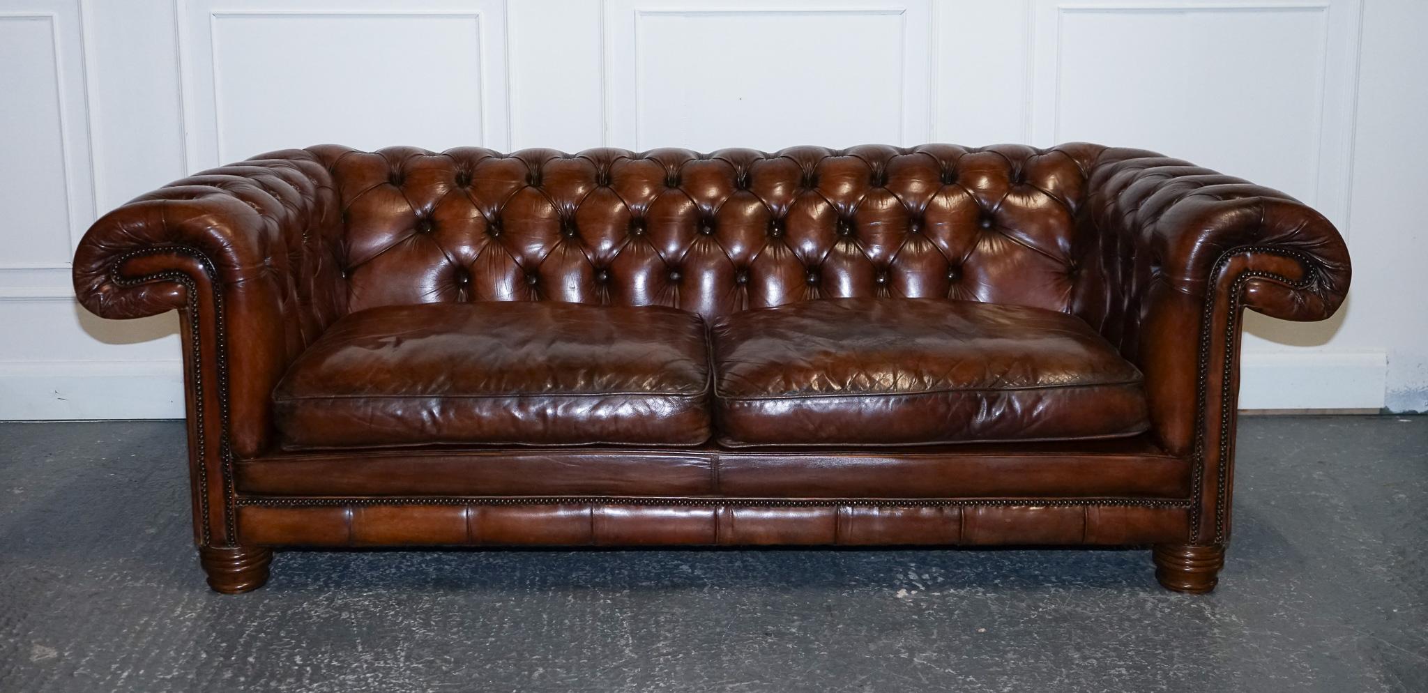 British Hand Dyed Restored Whiskey Brown Leather Chesterfield Club Sofa English For Sale