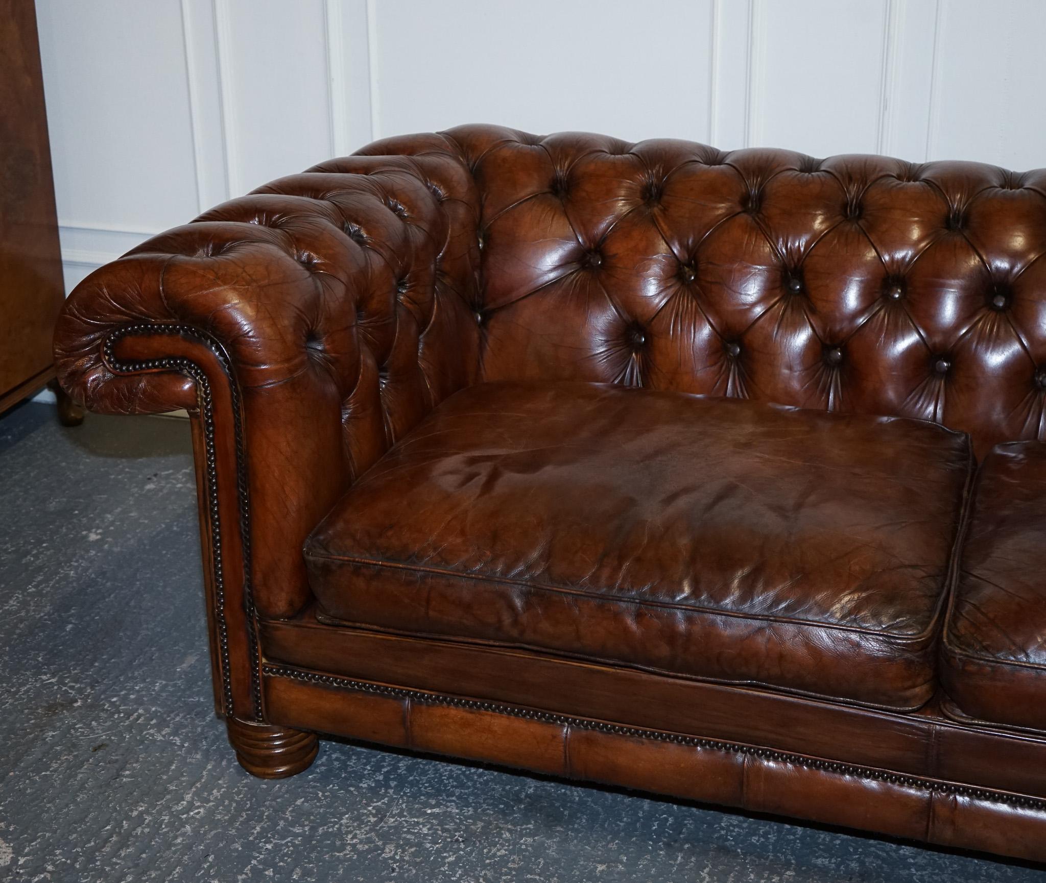 Hand-Crafted Hand Dyed Restored Whiskey Brown Leather Chesterfield Club Sofa English For Sale