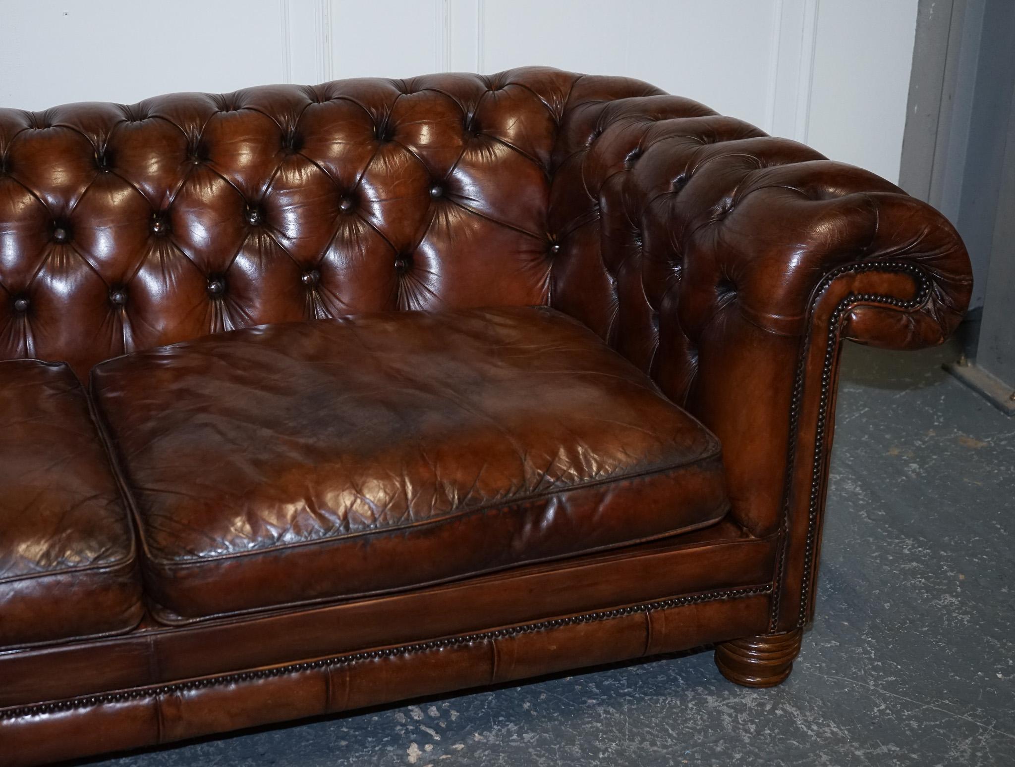 Hand Dyed Restored Whiskey Brown Leather Chesterfield Club Sofa English In Good Condition In Pulborough, GB