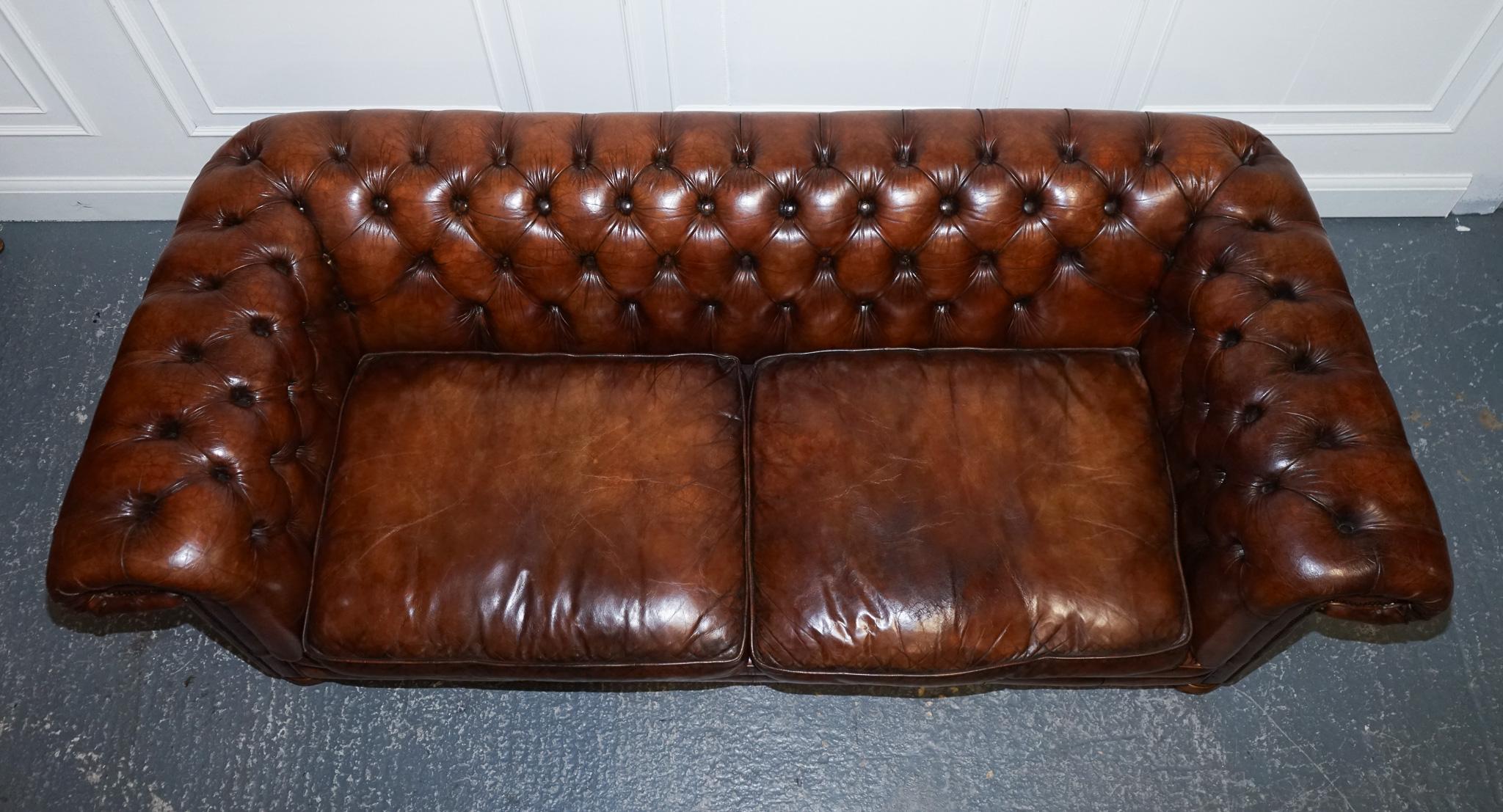 20th Century Hand Dyed Restored Whiskey Brown Leather Chesterfield Club Sofa English For Sale