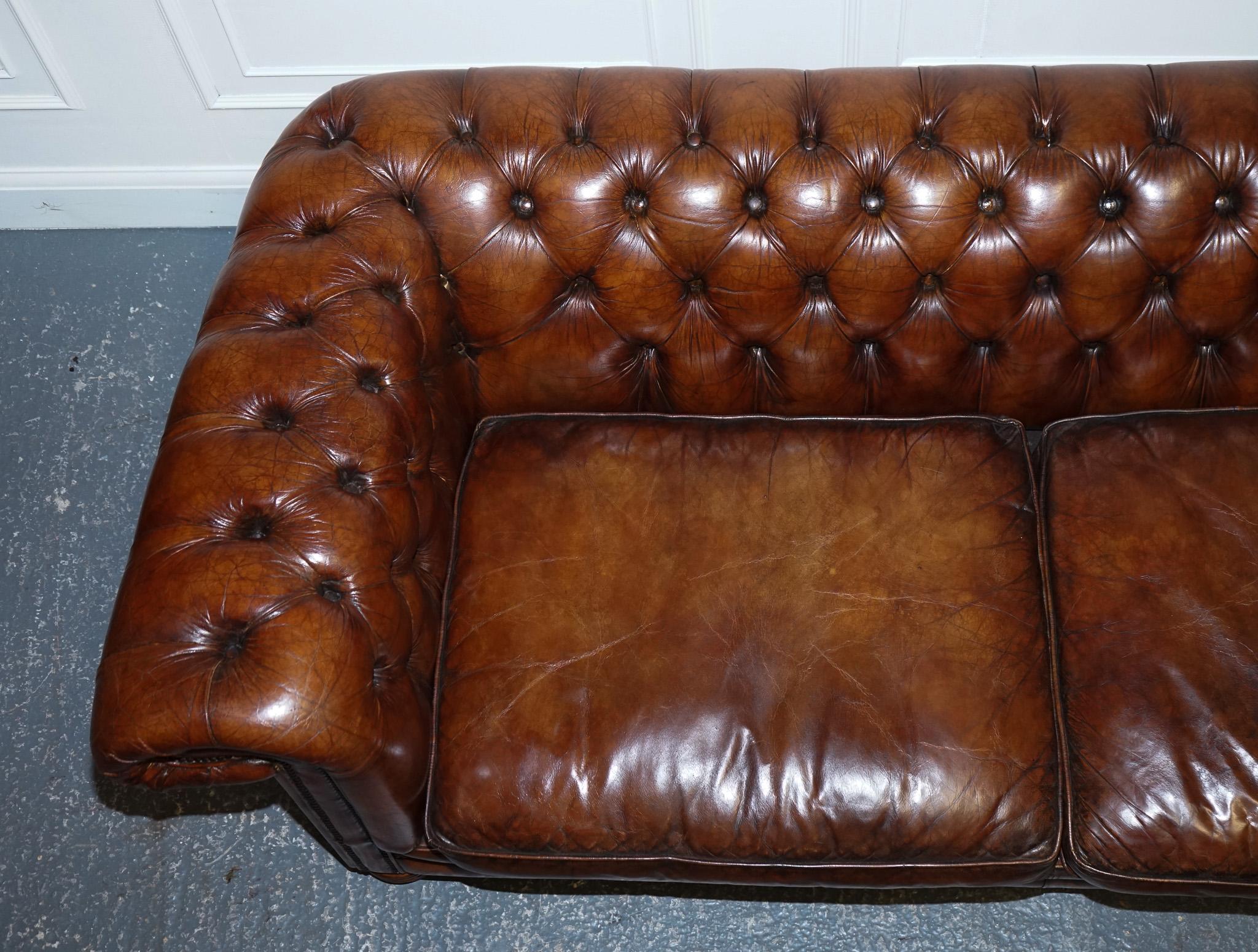 Hand Dyed Restored Whiskey Brown Leather Chesterfield Club Sofa English 1