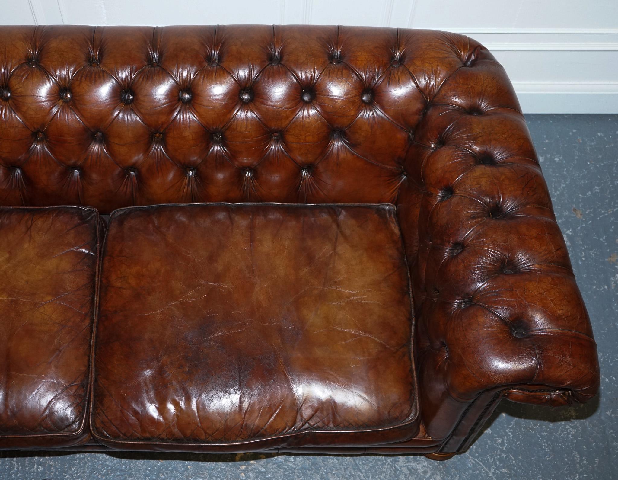 Hand Dyed Restored Whiskey Brown Leather Chesterfield Club Sofa English For Sale 2