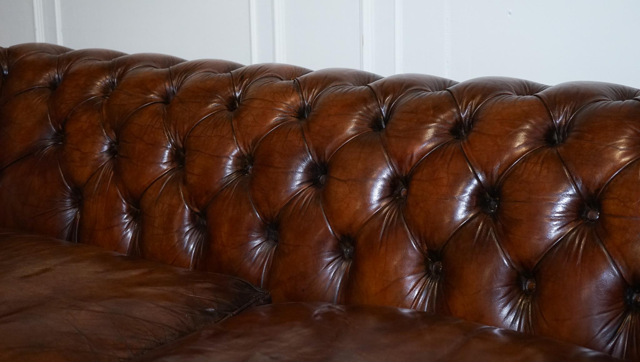Hand Dyed Restored Whiskey Brown Leather Chesterfield Club Sofa English 3