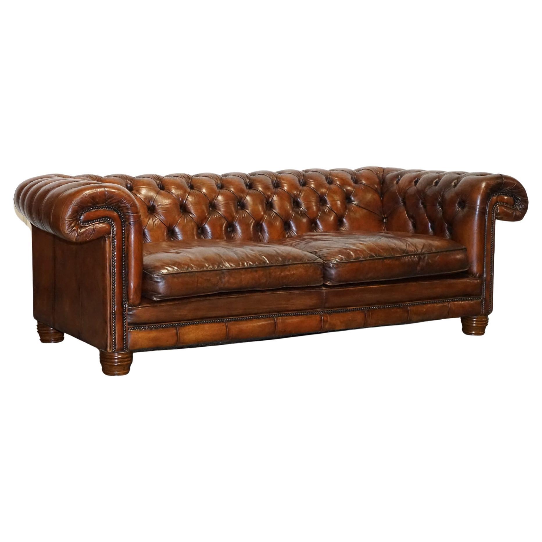 Hand Dyed Restored Whiskey Brown Leather Chesterfield Club Sofa English For Sale