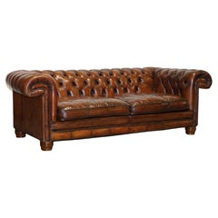 Vintage Hand Dyed Restored Whiskey Brown Leather Chesterfield Club Sofa English