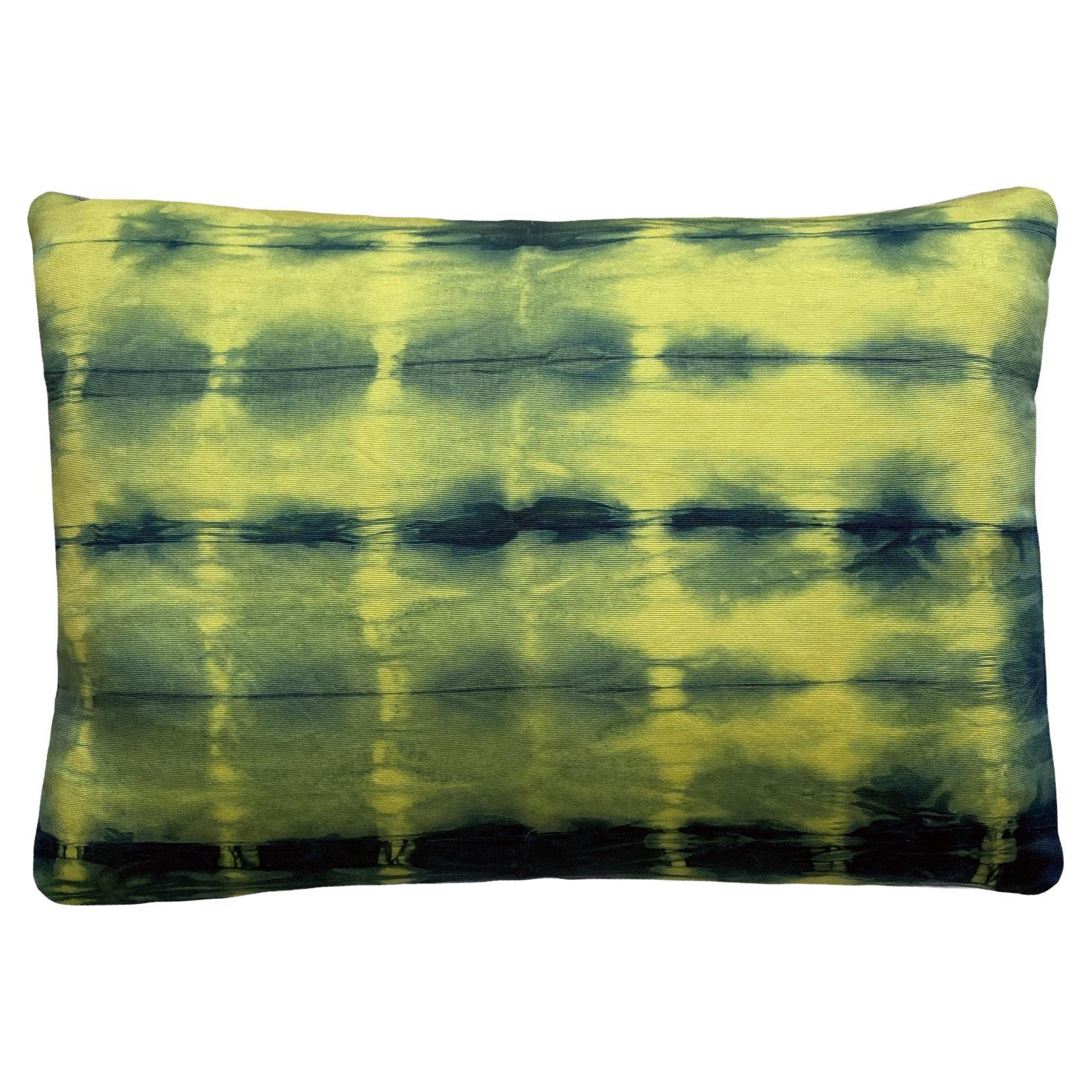 Hand Dyed Silk Pillow, Canary Yellow & Indigo Blue Dash For Sale