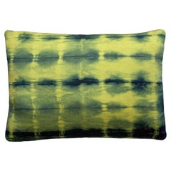 Hand-Dyed Silk Faille Throw Pillow in Canary Yellow & Indigo Blue Dash Pattern