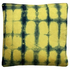 Hand-Dyed Silk Faille Throw Pillow in Canary Yellow & Indigo Blue Grid Pattern