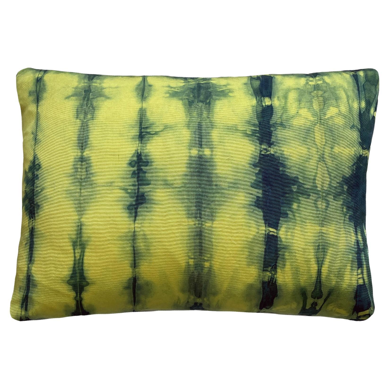 Hand Dyed Silk Pillow, Canary Yellow & Indigo Blue Ripple For Sale