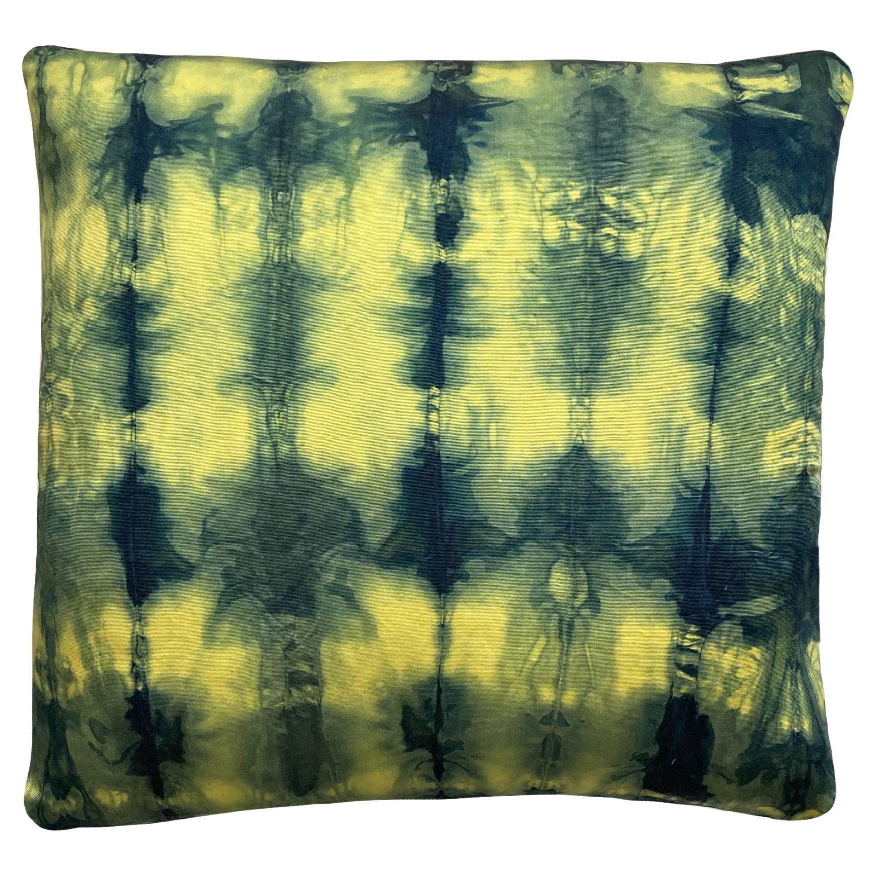 Hand Dyed Silk Pillow, Canary Yellow & Indigo Blue Waves For Sale