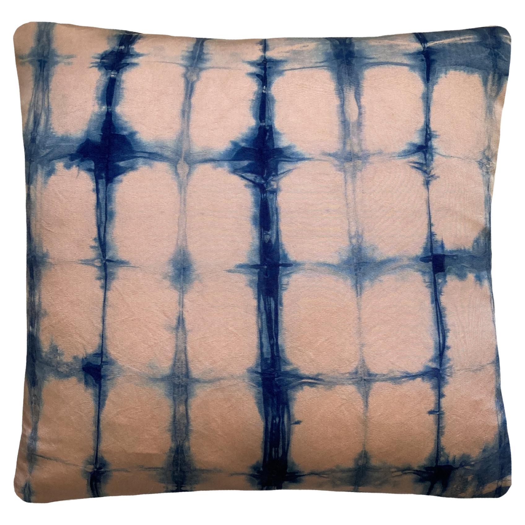 Hand Dyed Silk Pillow, Rose Pink & Indigo Blue Grid For Sale