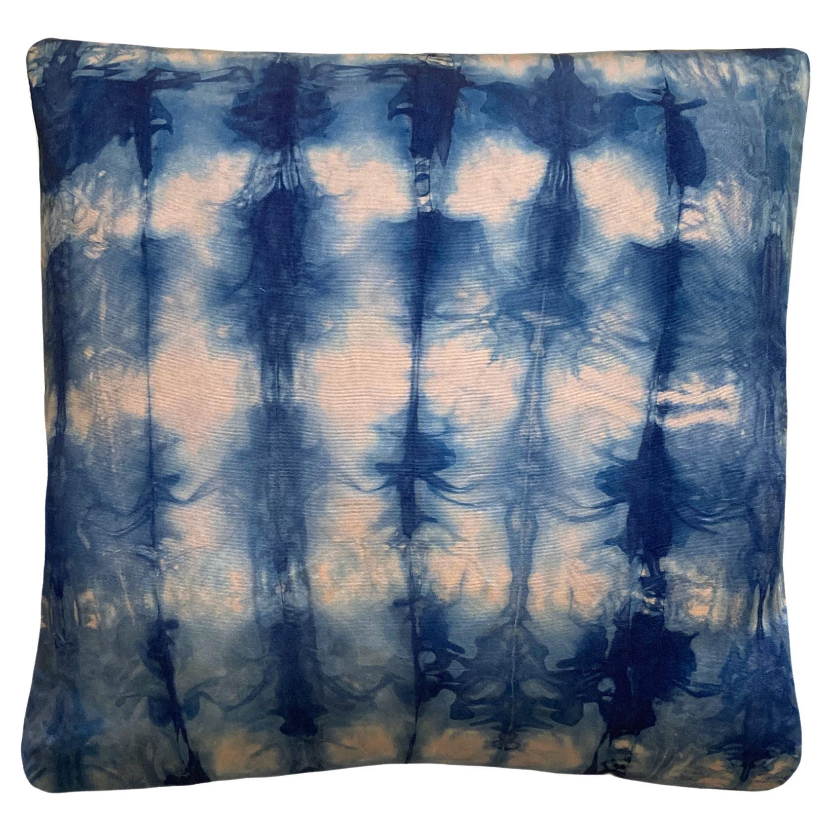 Hand Dyed Silk Pillow, Rose Pink & Indigo Blue Waves For Sale