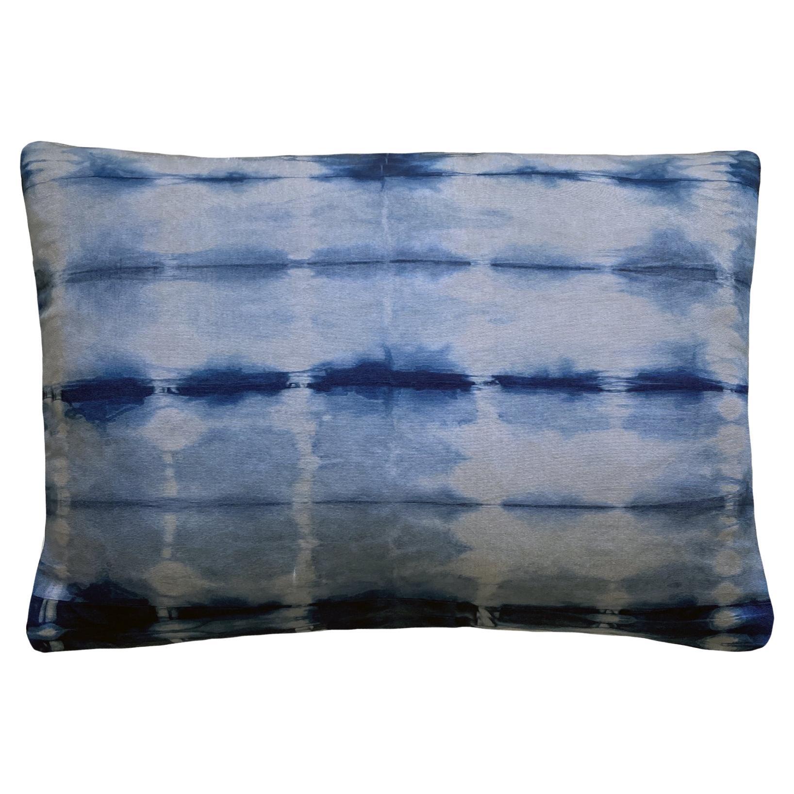 Hand Dyed Silk Pillow, Silver Gray & Indigo Blue Dash For Sale