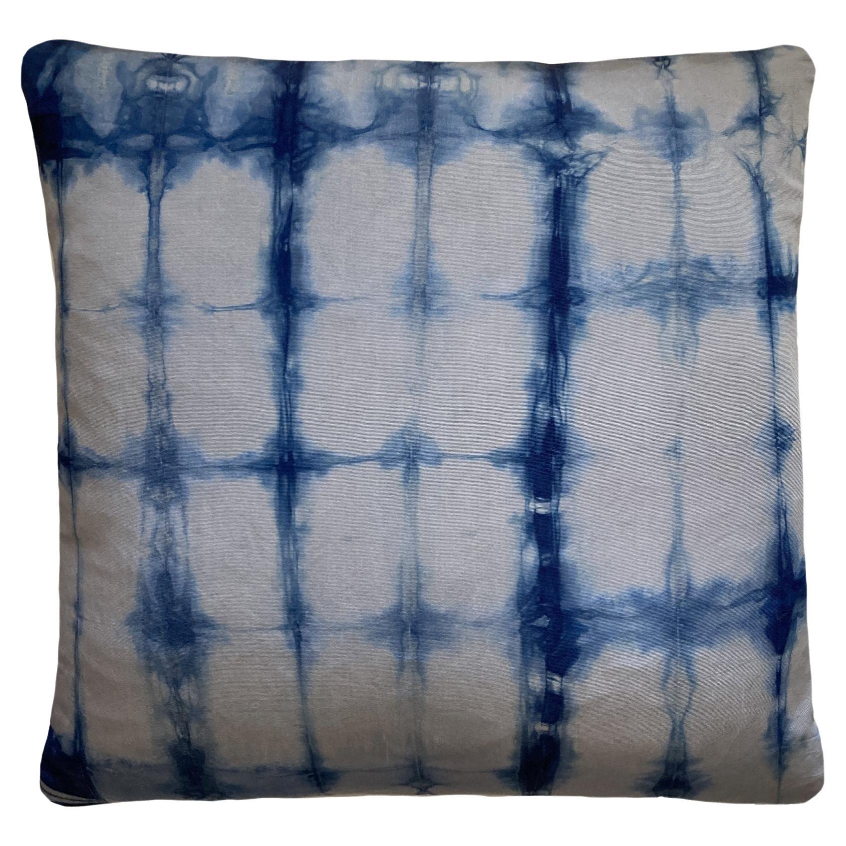 Hand Dyed Silk Pillow, Silver Gray & Indigo Blue Grid For Sale