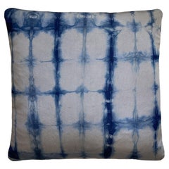 Hand-Dyed Silk Faille Throw Pillow in Silver Grey & Indigo Blue Grid Pattern