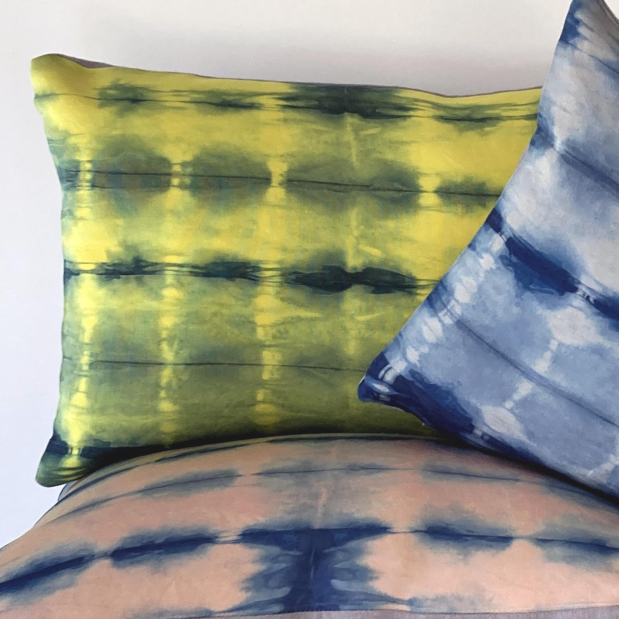 American Hand Dyed Silk Pillow, Canary Yellow & Indigo Blue Dash For Sale