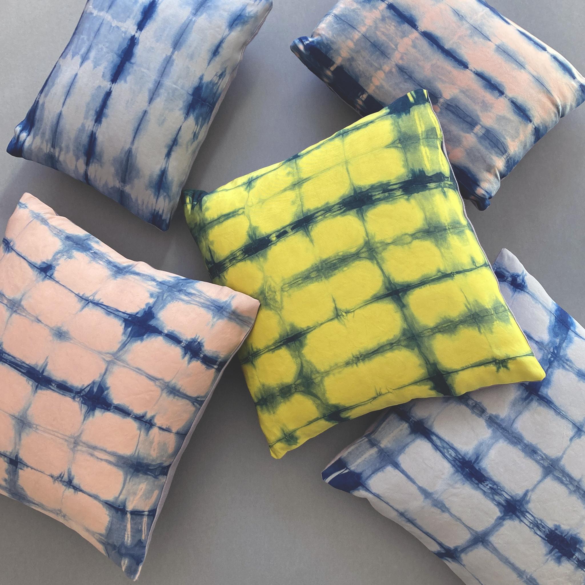 Modern Hand Dyed Silk Pillow, Canary Yellow & Indigo Blue Grid For Sale
