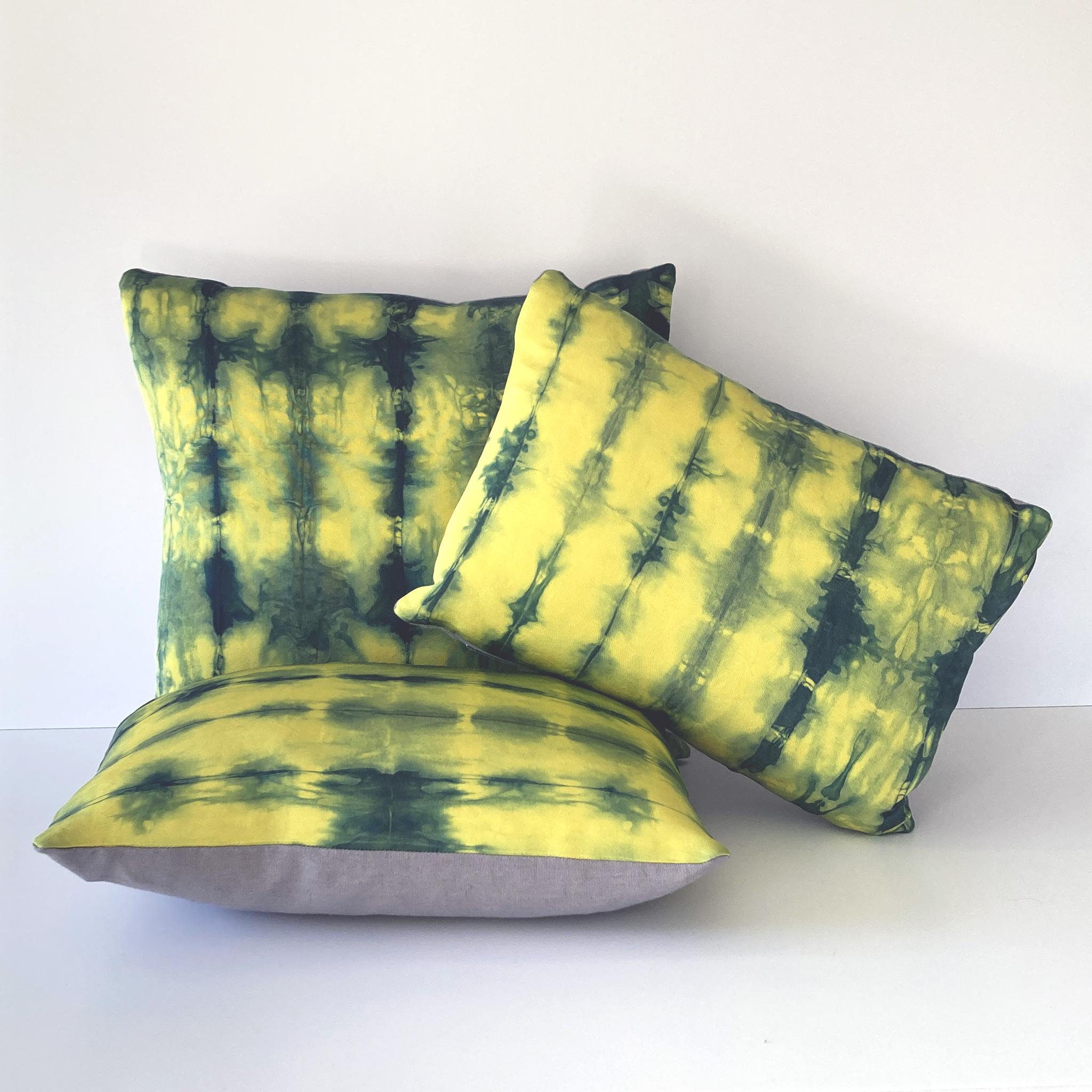 Modern Hand Dyed Silk Pillow, Canary Yellow & Indigo Blue Ripple For Sale