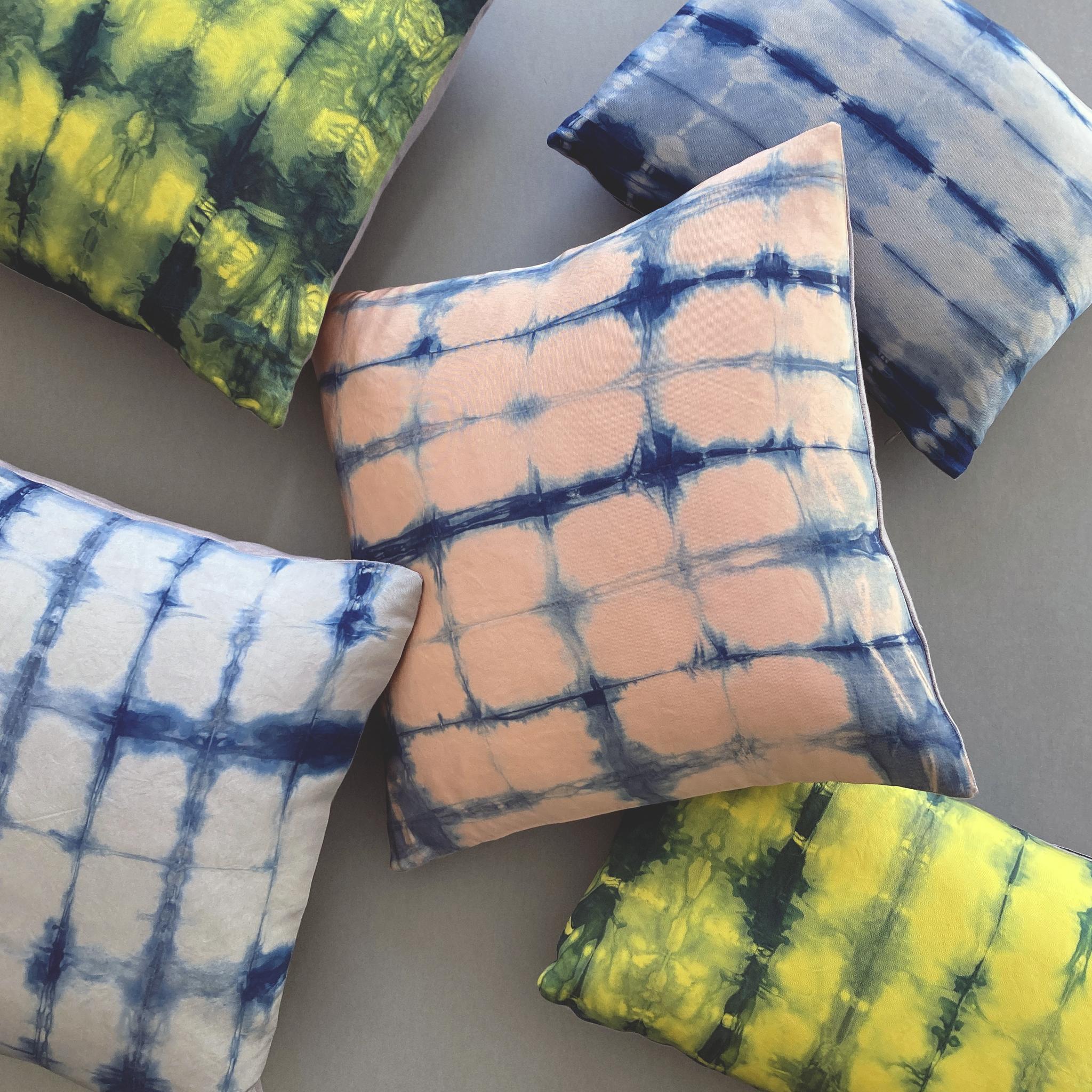 American Hand Dyed Silk Pillow, Canary Yellow & Indigo Blue Ripple For Sale