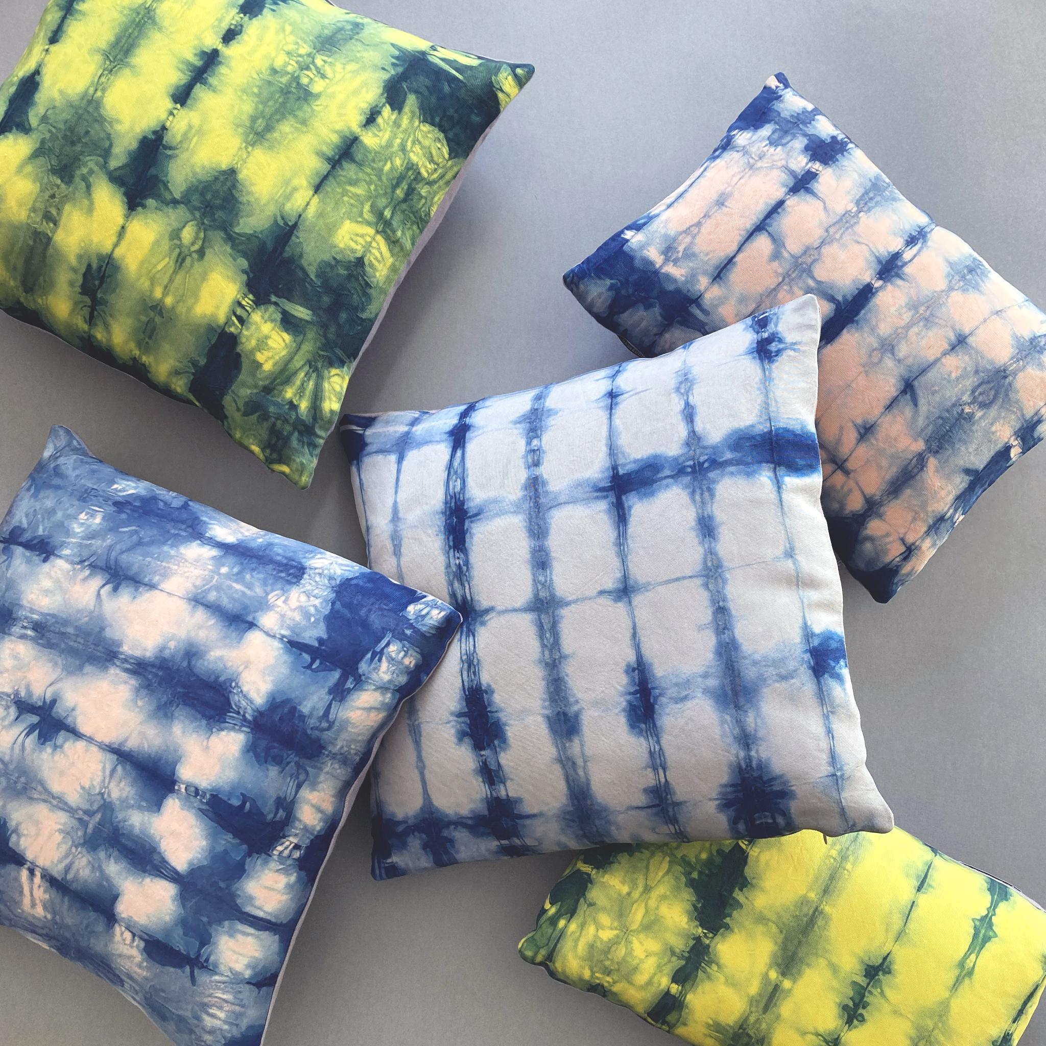 Contemporary Hand Dyed Silk Pillow, Canary Yellow & Indigo Blue Ripple For Sale