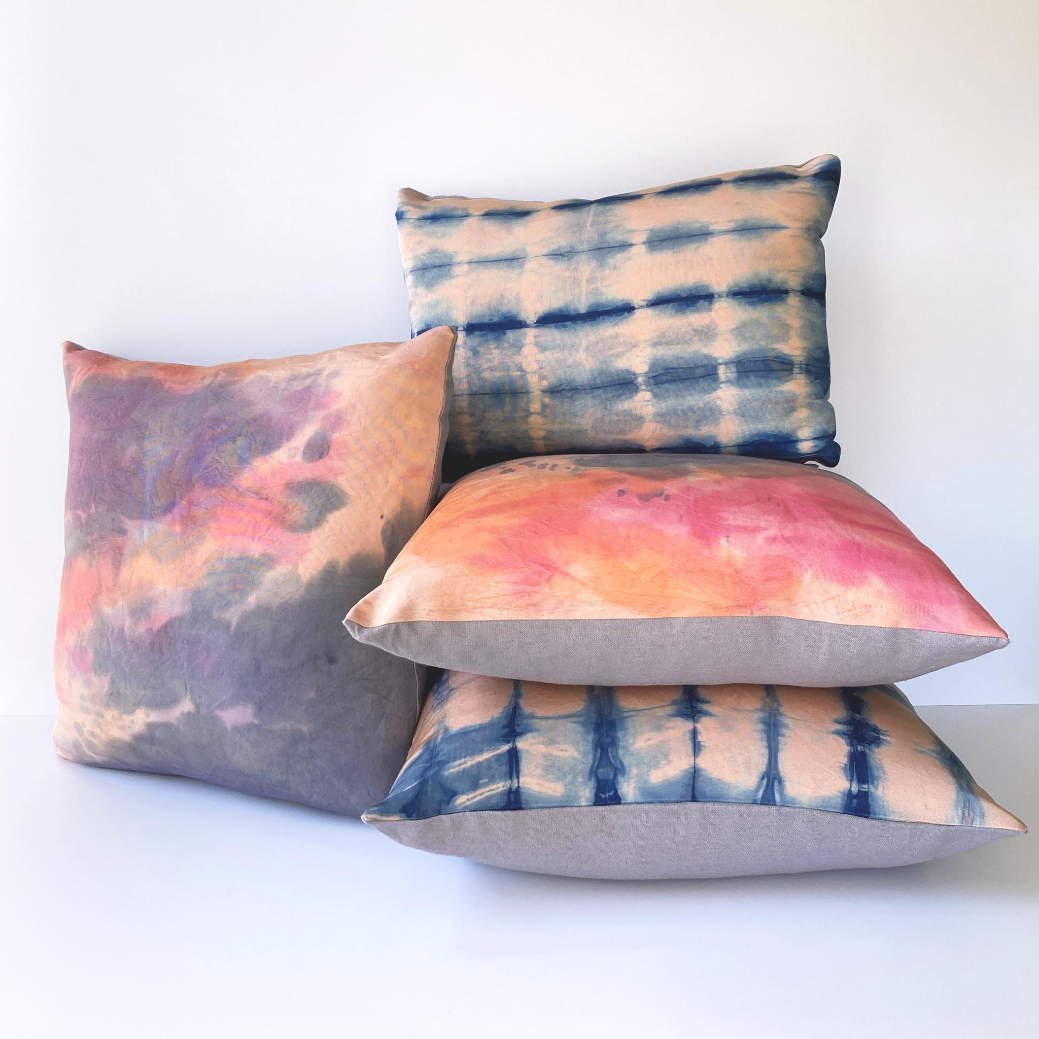 American Hand Dyed Silk Pillow, Rose Pink & Indigo Blue Dash For Sale