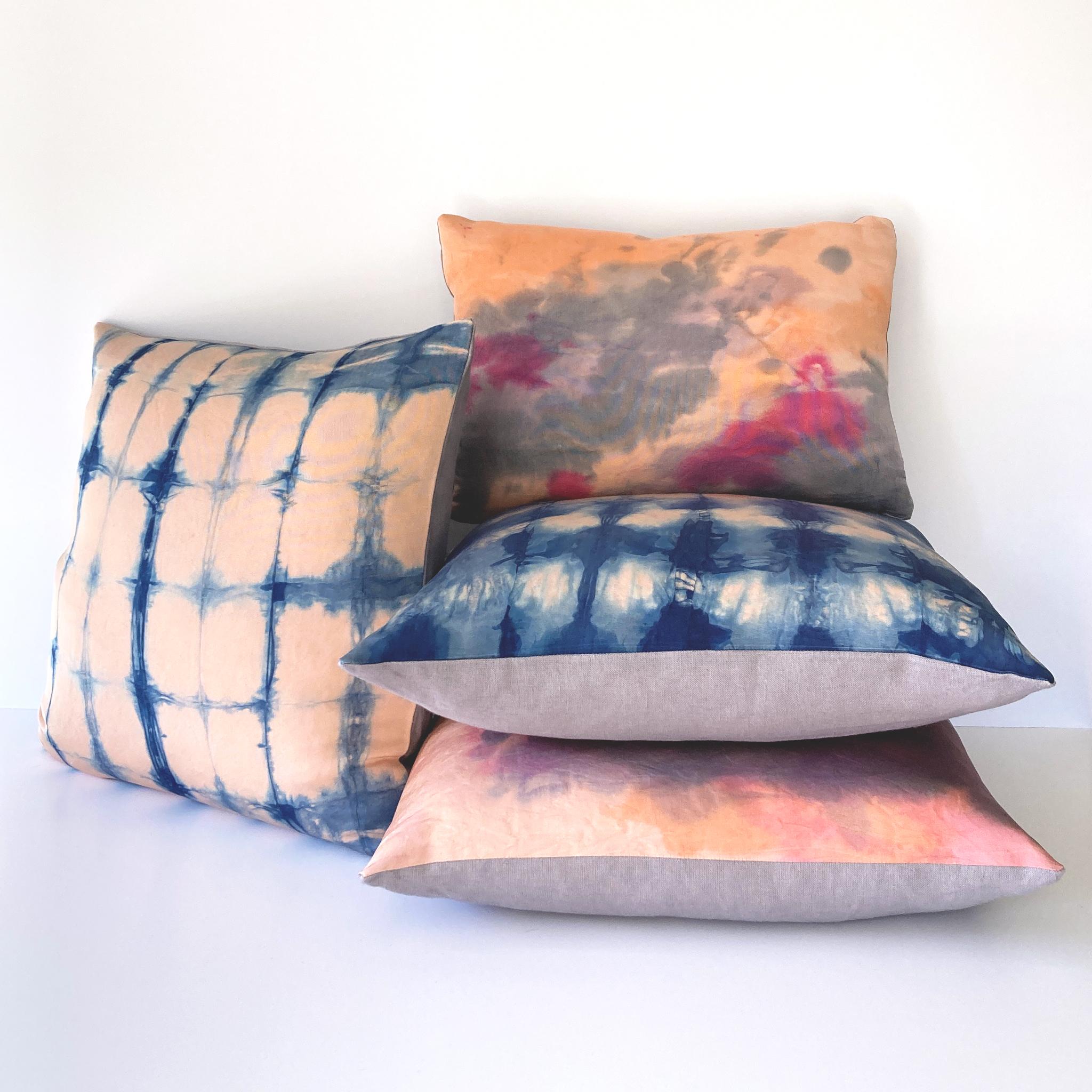 Modern Hand Dyed Silk Pillow, Rose Pink & Indigo Blue Grid For Sale