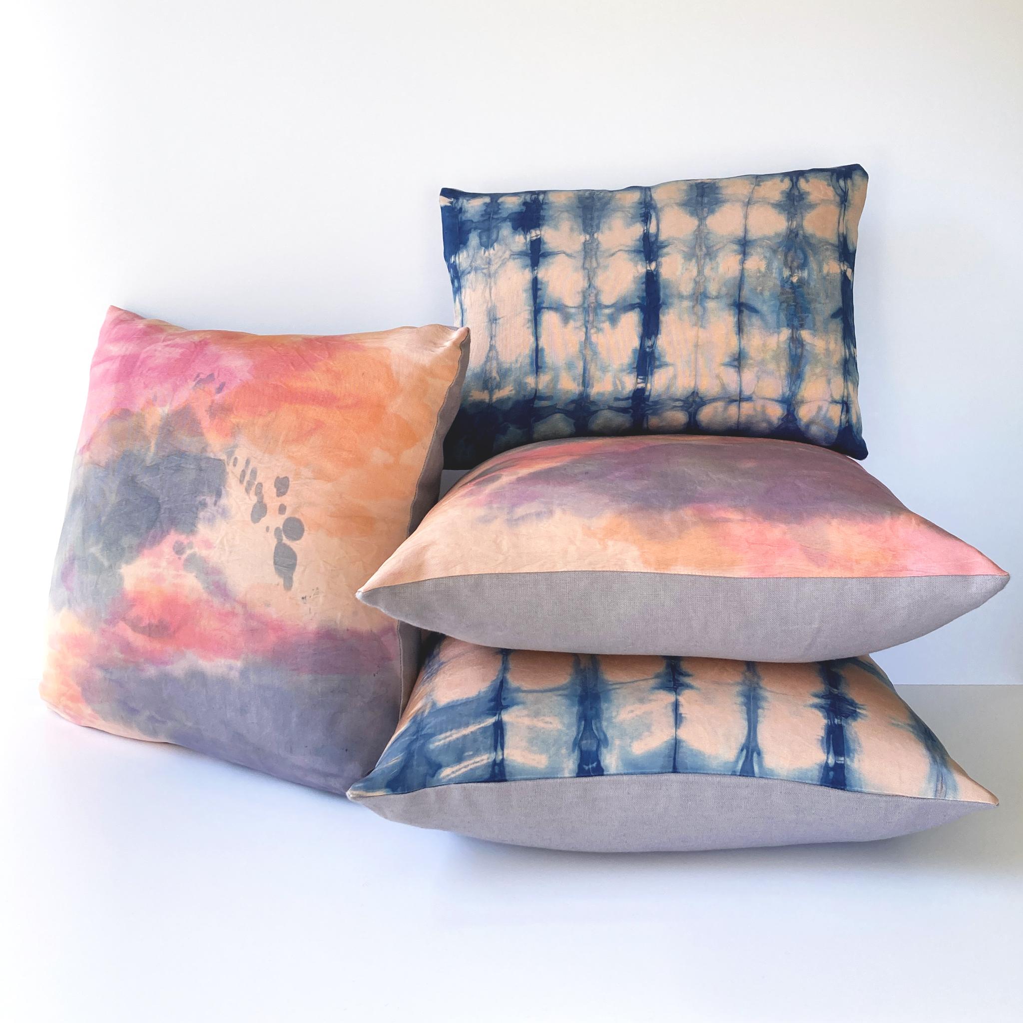 Rose silk faille pillow dyed with indigo in Ripple pattern with gray linen backing. Hand-dyed and sewn in New York City, down pillow insert made locally in NYC. Pillow measures 12 x 16 inches. Each silk pillow is hand made and one of a kind.

Custom