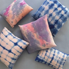 Hand Dyed Silk Pillow, Rose Pink & Indigo Blue Waves Abstract Pattern