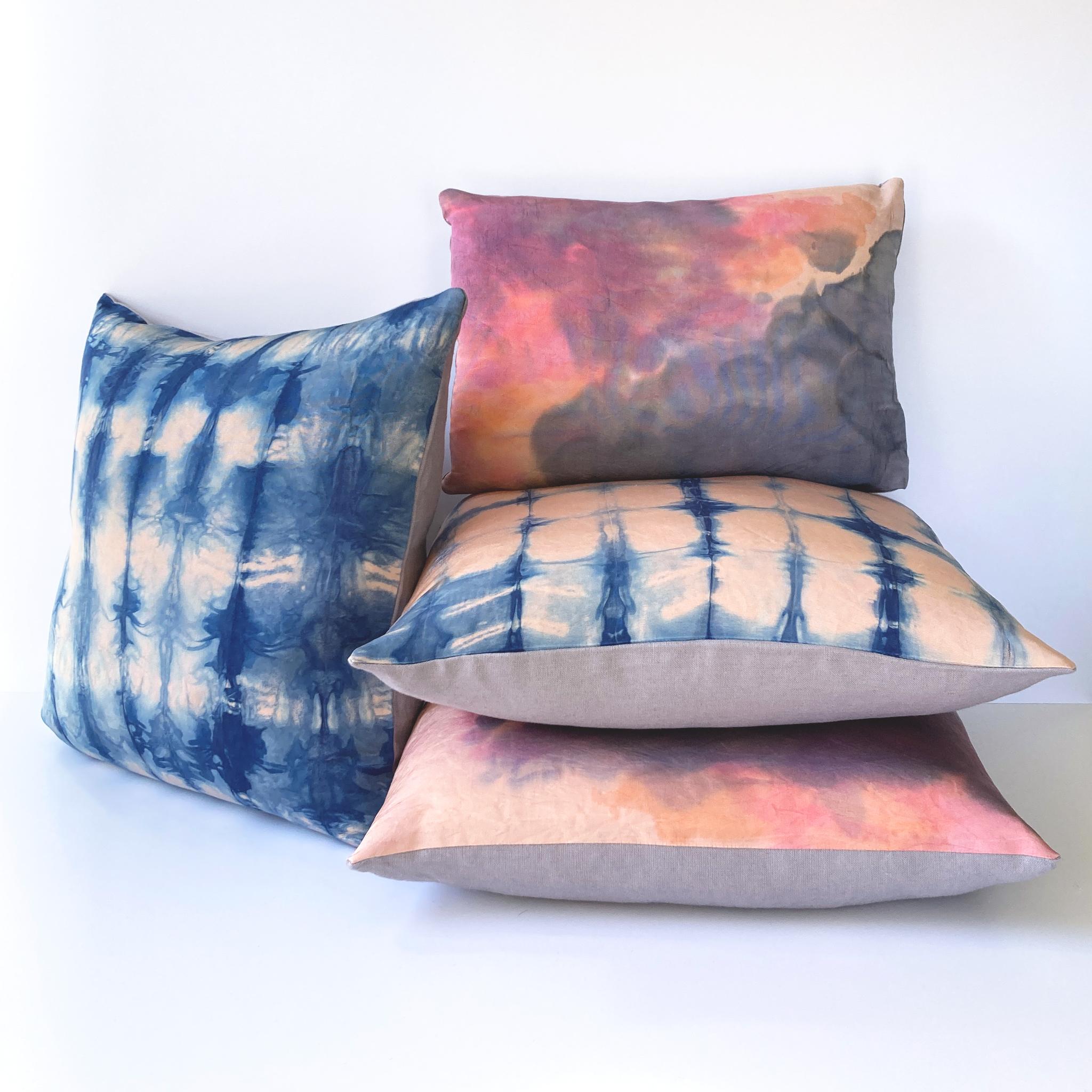American Hand Dyed Silk Pillow, Rose Pink & Indigo Blue Waves For Sale