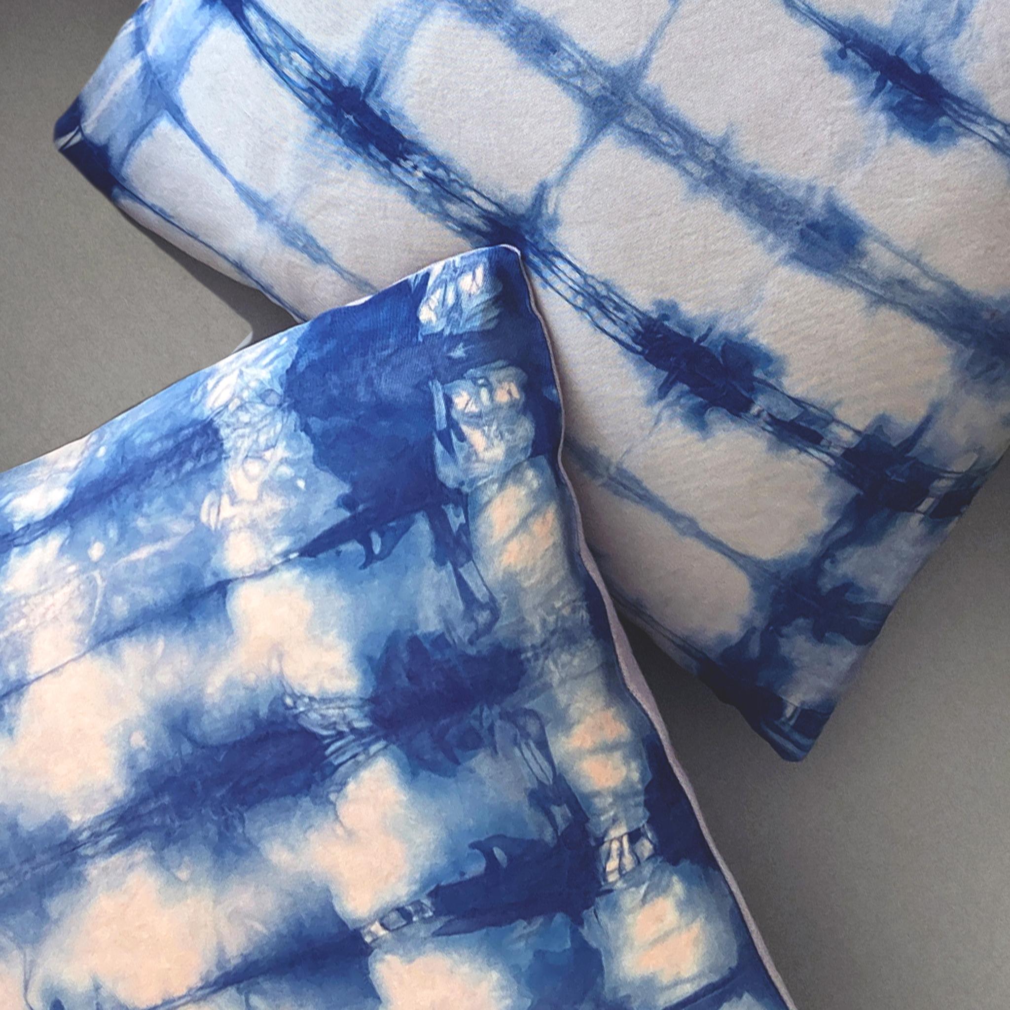 Contemporary Hand Dyed Silk Pillow, Rose Pink & Indigo Blue Waves For Sale