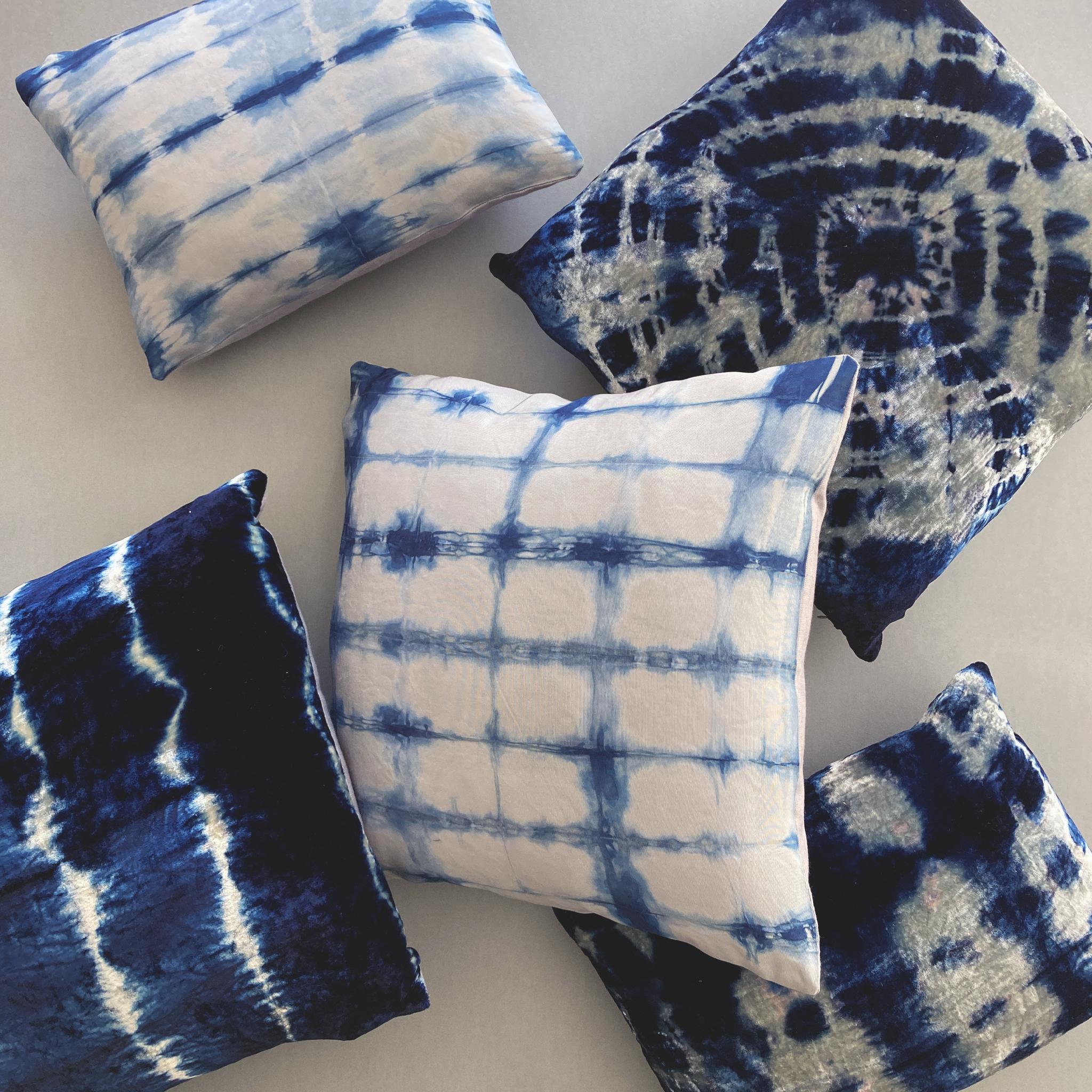 Modern Hand Dyed Silk Pillow, Silver Gray & Indigo Blue Dash For Sale