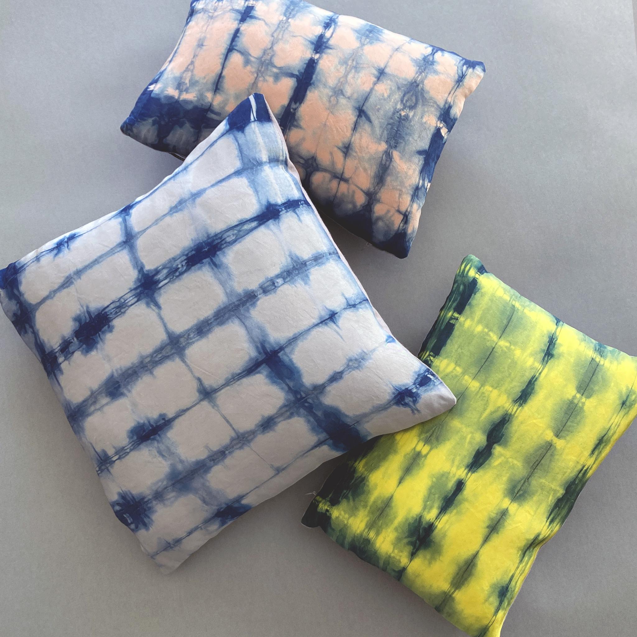 Modern Hand Dyed Silk Pillow, Silver Gray & Indigo Blue Grid For Sale