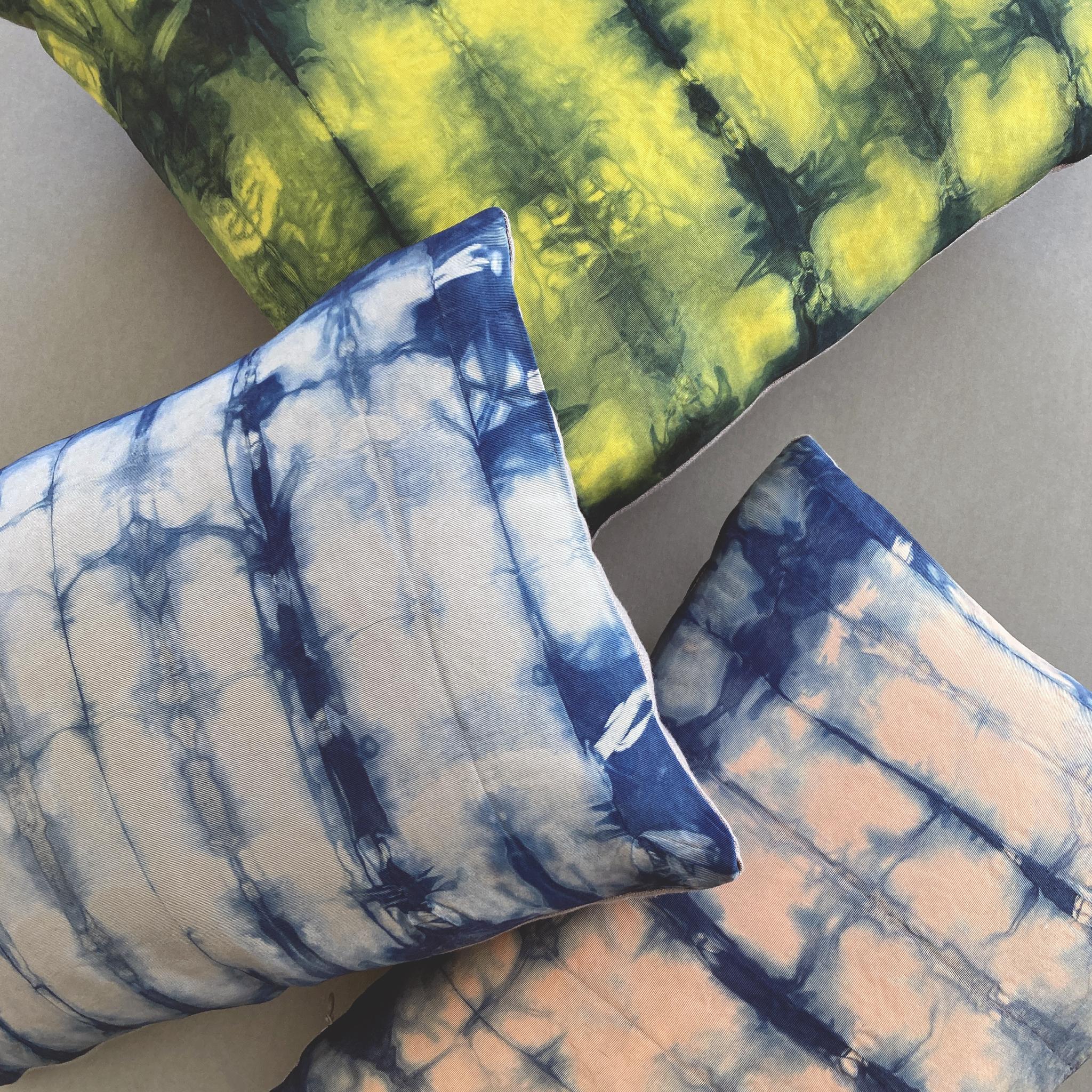 Contemporary Hand Dyed Silk Pillow, Silver Gray & Indigo Blue Ripple For Sale
