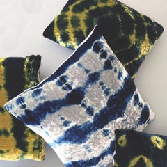Hand Dyed Silk Velvet Pillow, Gold & Indigo Blue Halo Abstract Pattern
