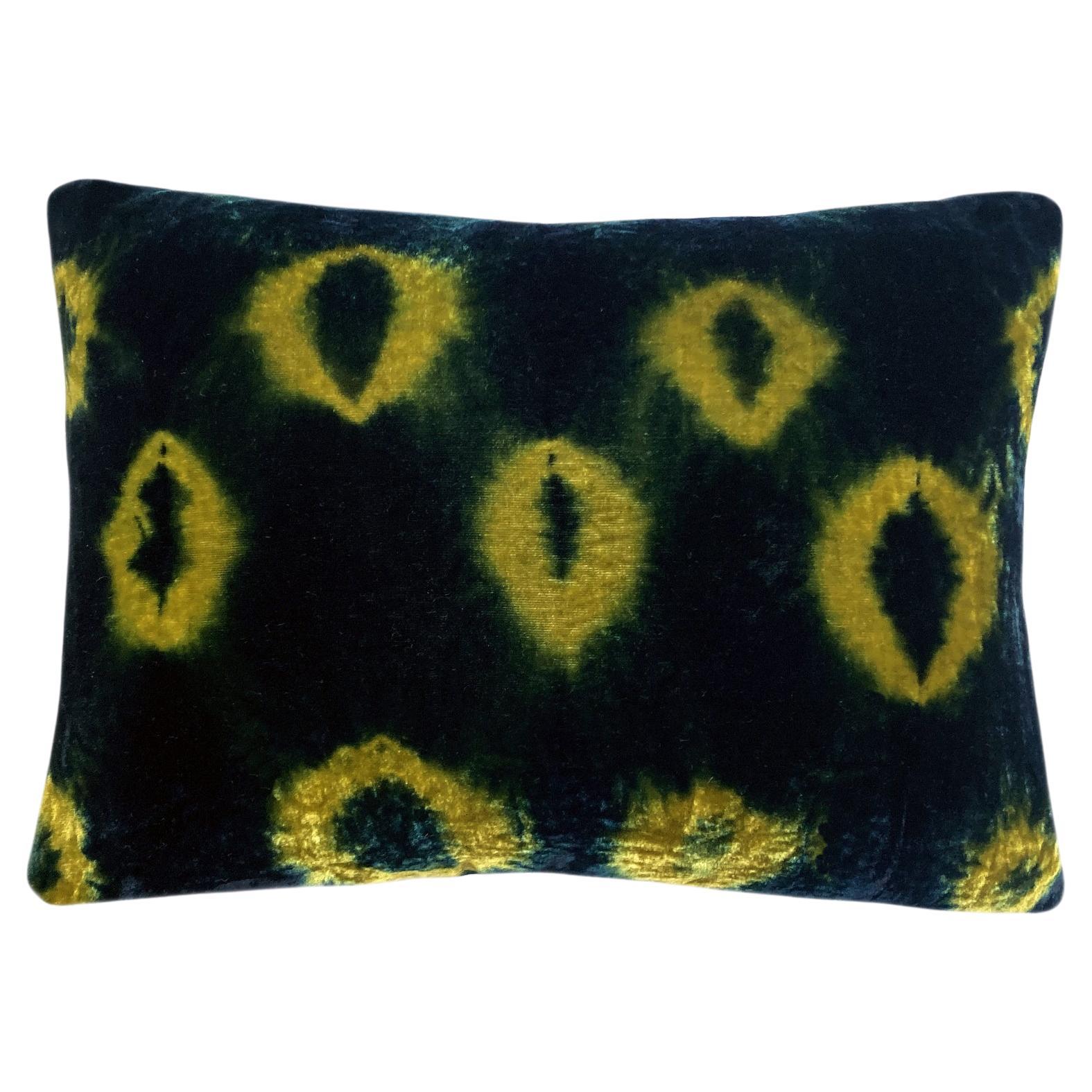Hand Dyed Silk Velvet Pillow, Gold & Indigo Blue Ikat Abstract Pattern
