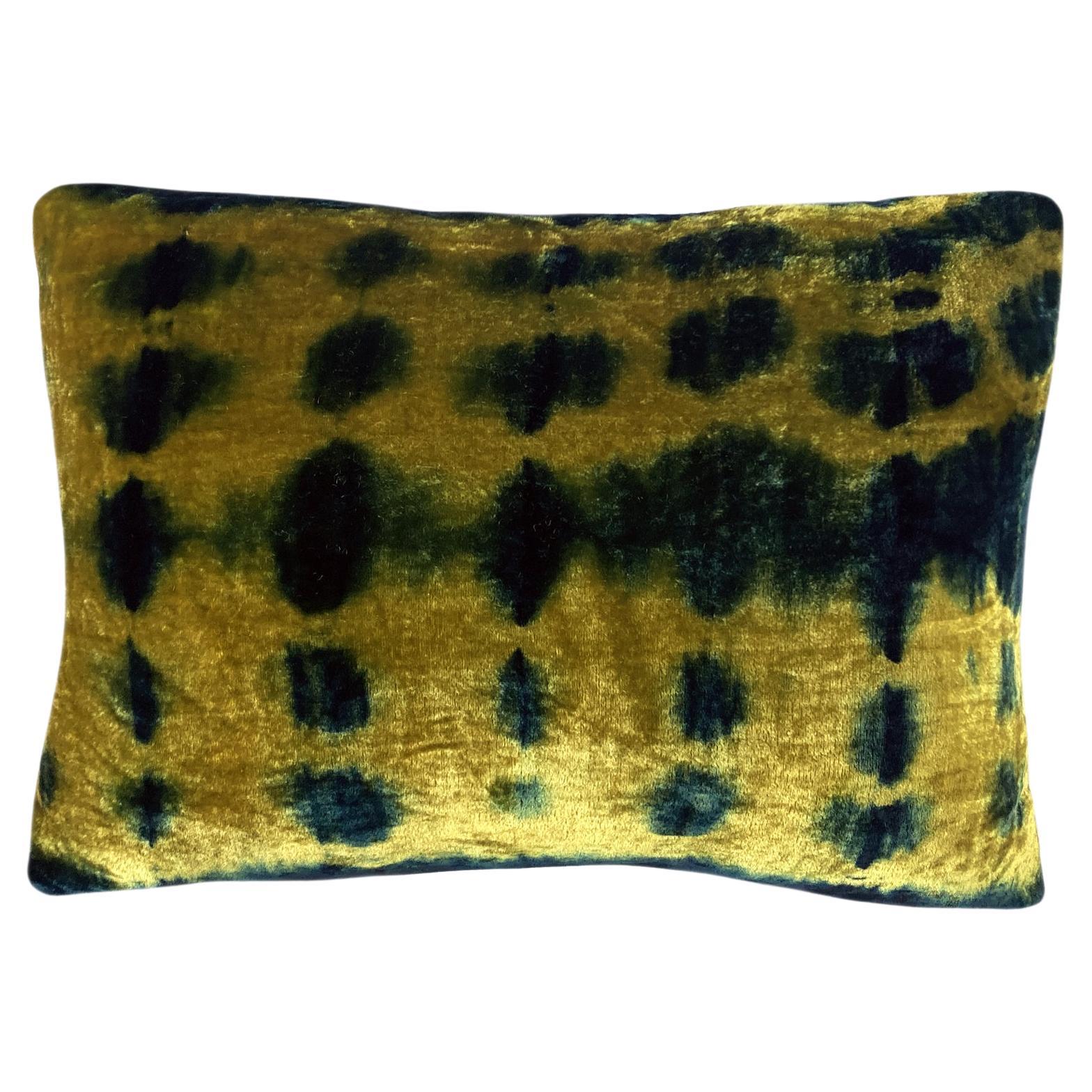 Hand Dyed Silk Velvet Pillow, Gold & Indigo Blue Inkblot Abstract Pattern