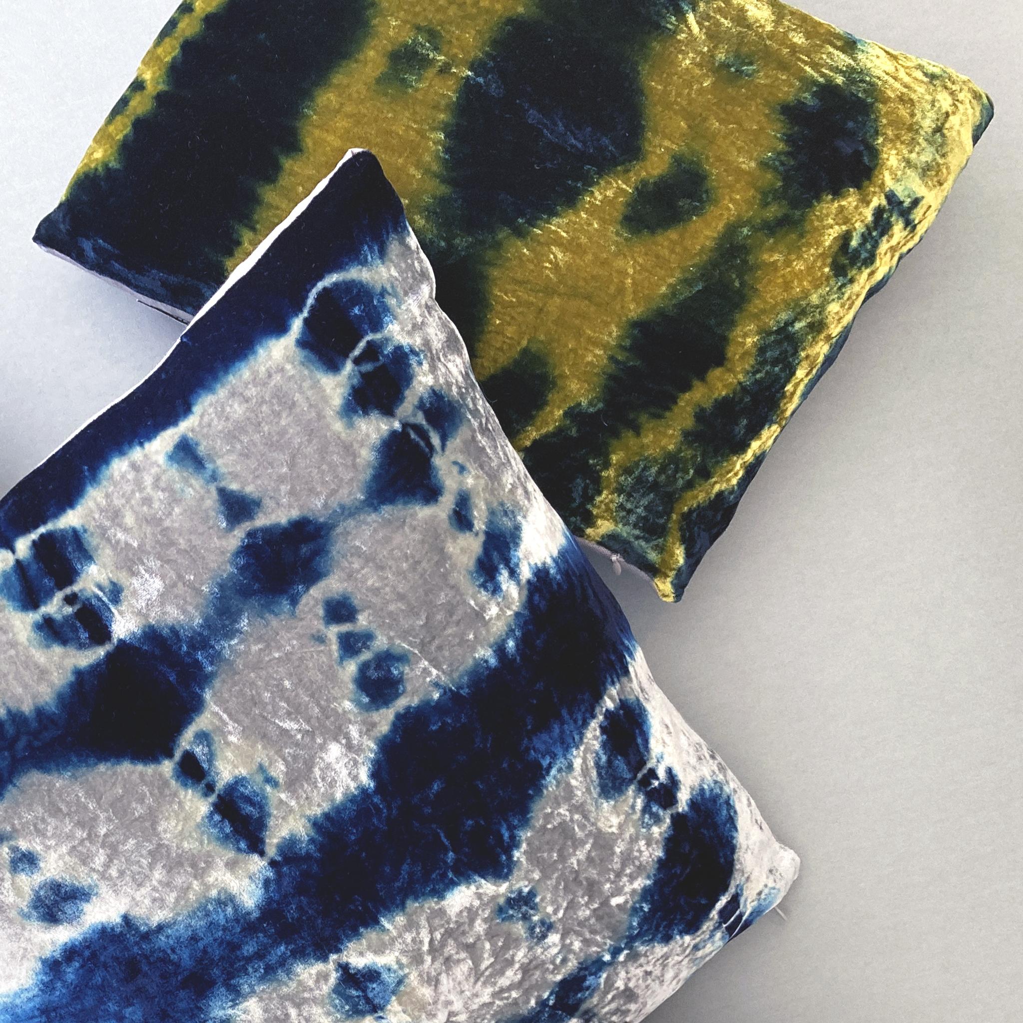 American Hand Dyed Silk Velvet Pillow, Gold & Indigo Blue Morse For Sale