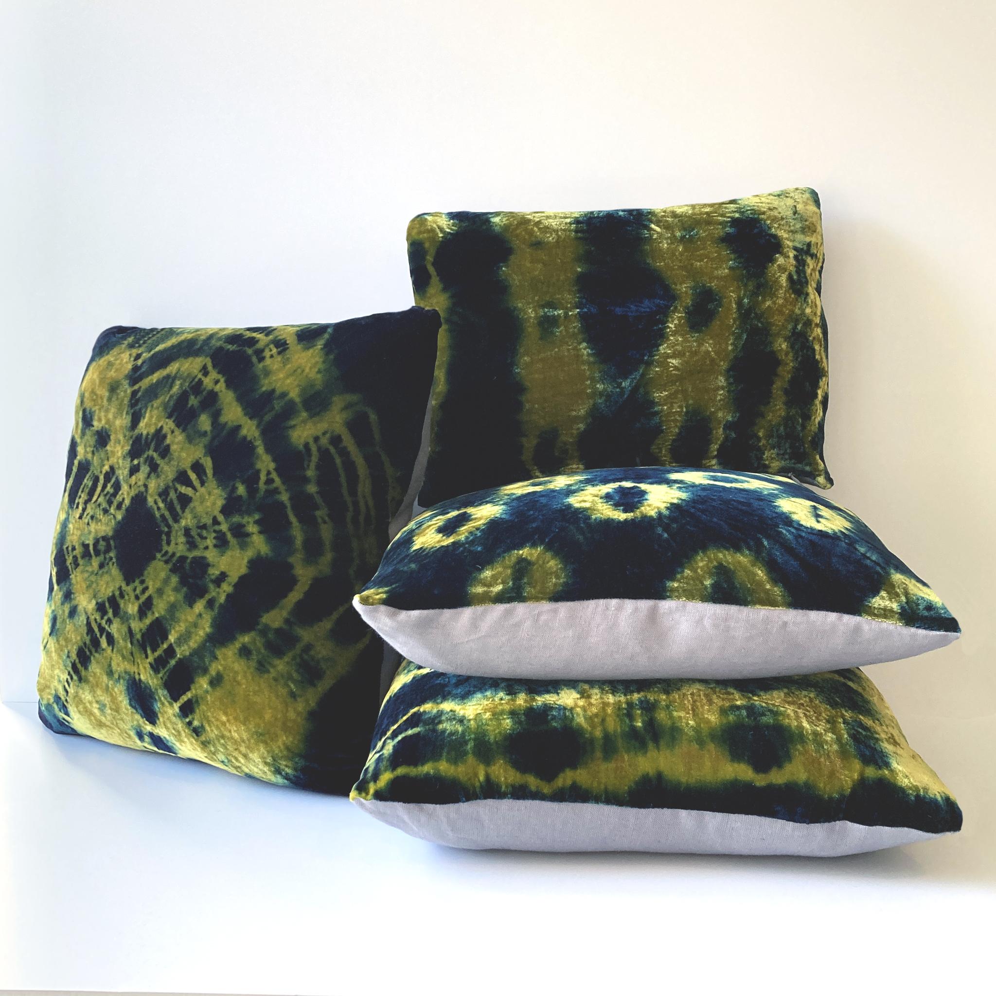 Modern Hand Dyed Silk Velvet Pillow, Gold & Indigo Blue Morse For Sale