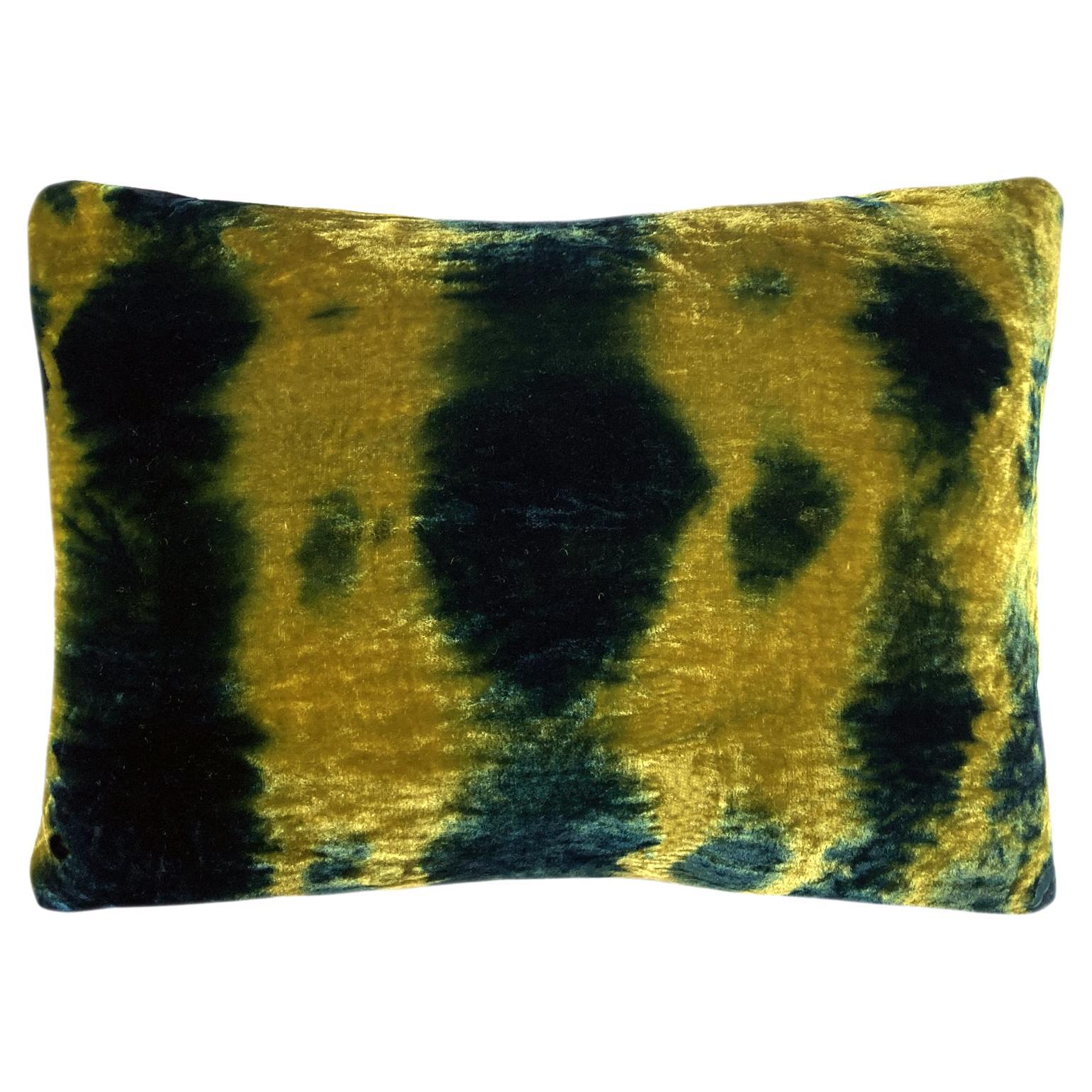 Hand Dyed Silk Velvet Pillow, Gold & Indigo Blue Morse Abstract Pattern