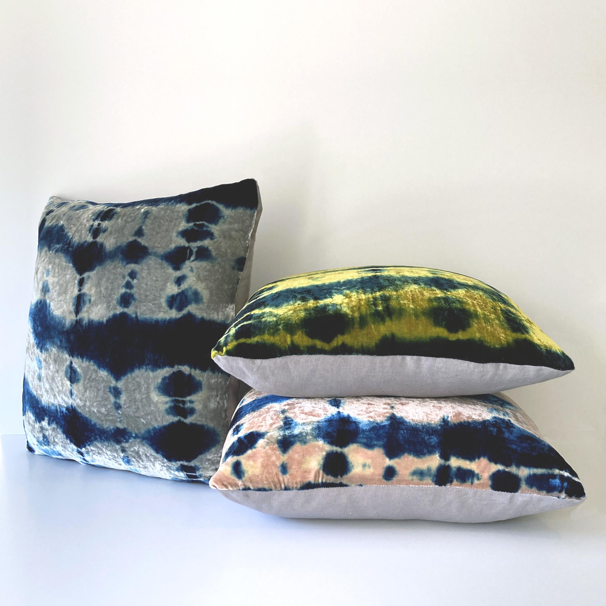 Modern Hand Dyed Silk Velvet Pillow, Gold & Indigo Blue Pleat For Sale