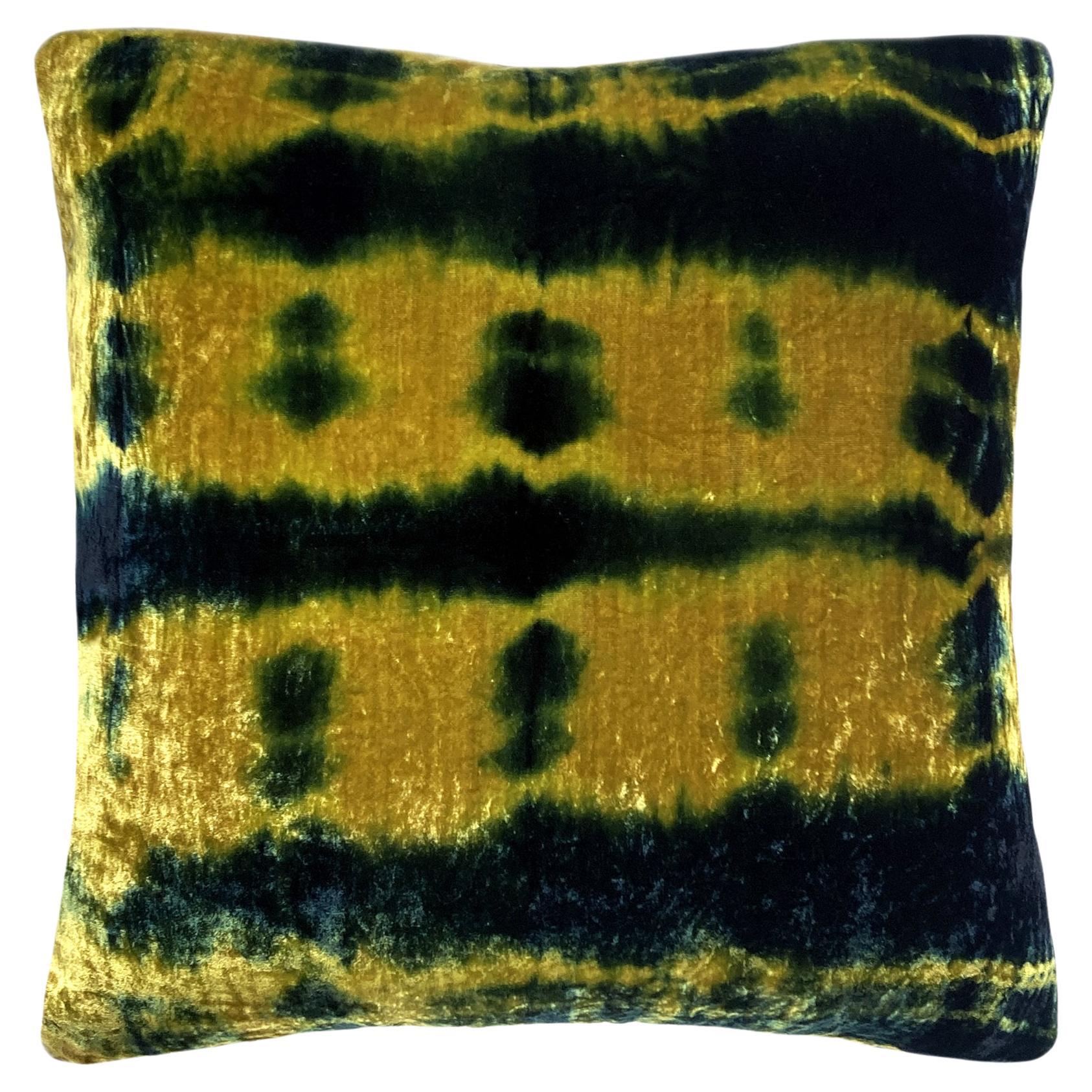 Hand Dyed Silk Velvet Pillow, Gold & Indigo Blue Pleat Abstract Pattern