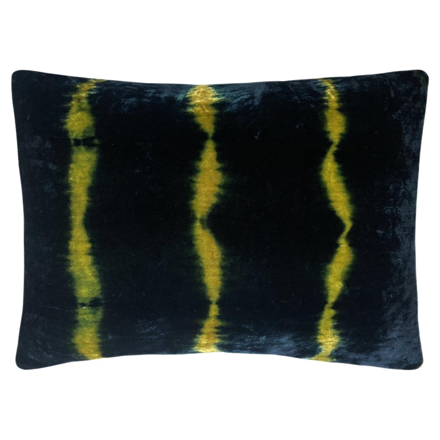 Hand Dyed Silk Velvet Pillow, Gold Yellow & Indigo Blue Stripe Abstract Pattern